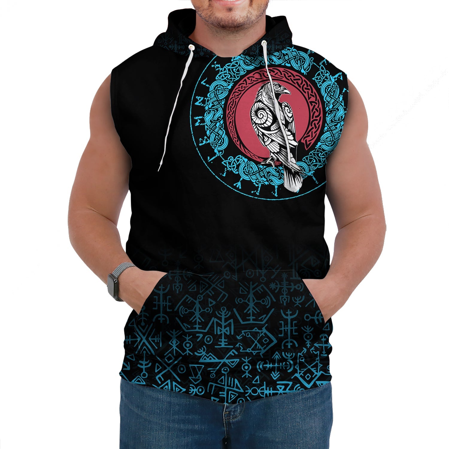 Viking Sleeveless Hoodie Raven Celtic Cyan Tattoo