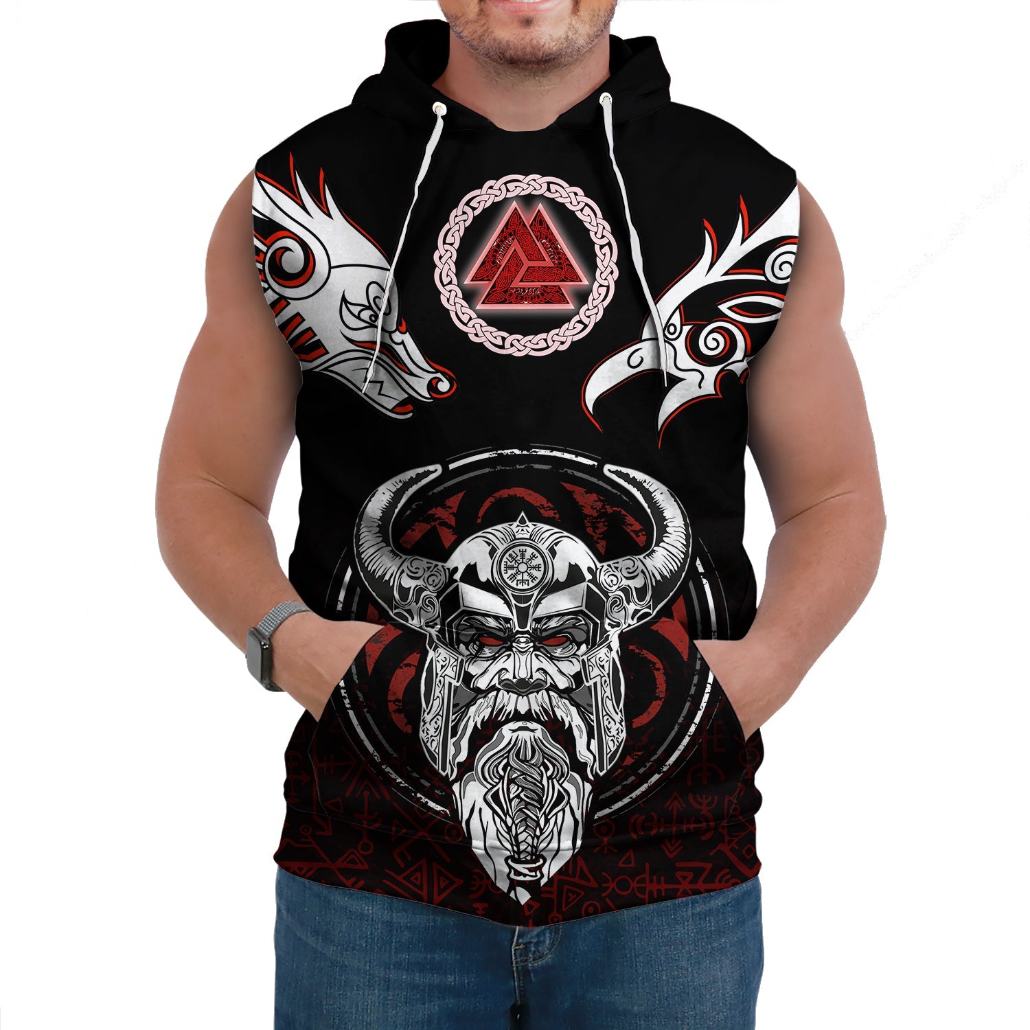 Viking Sleeveless Hoodie Odin Raven Fenrir and Valknut 