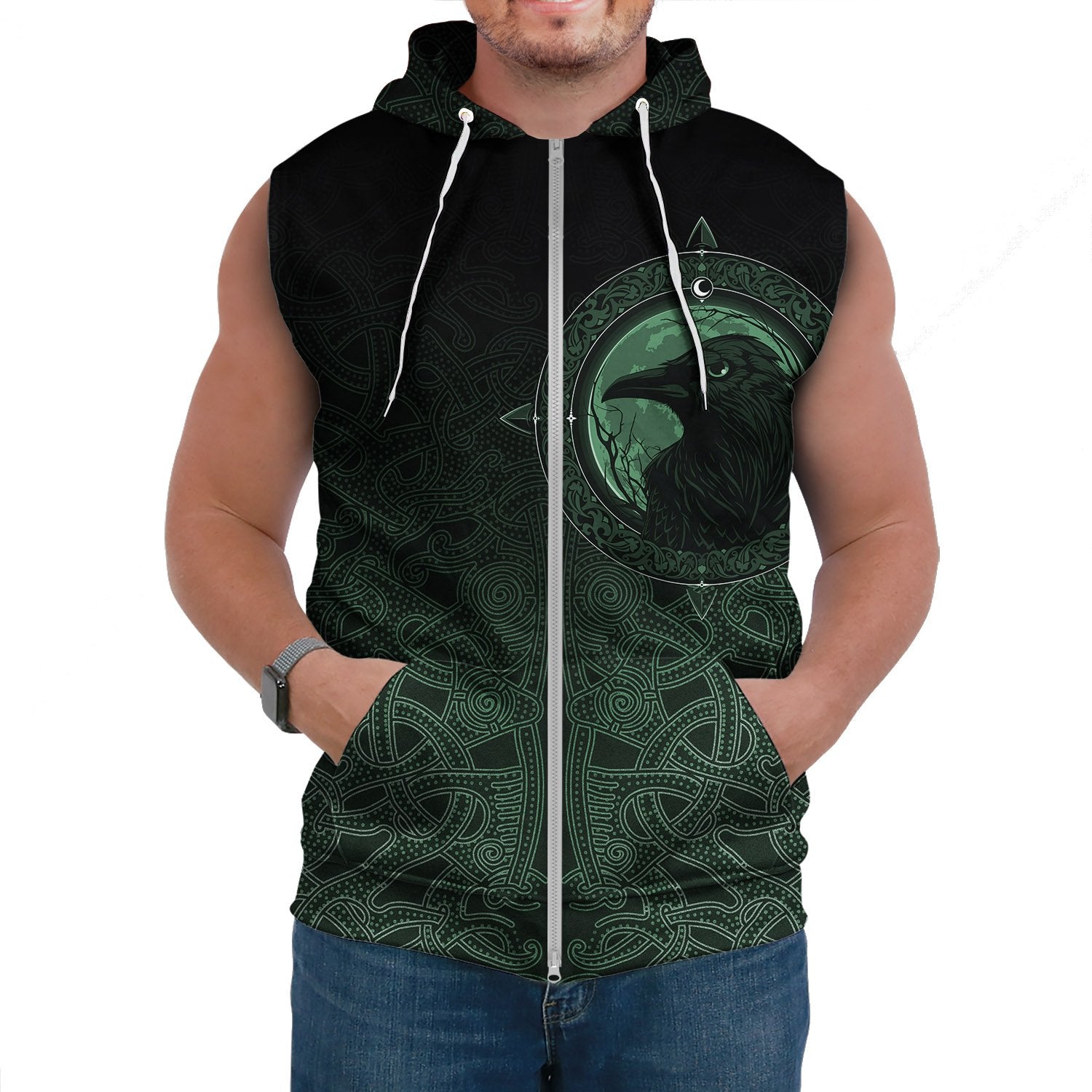 Viking Sleeveless Hoodie Ethnic Odin Raven Green