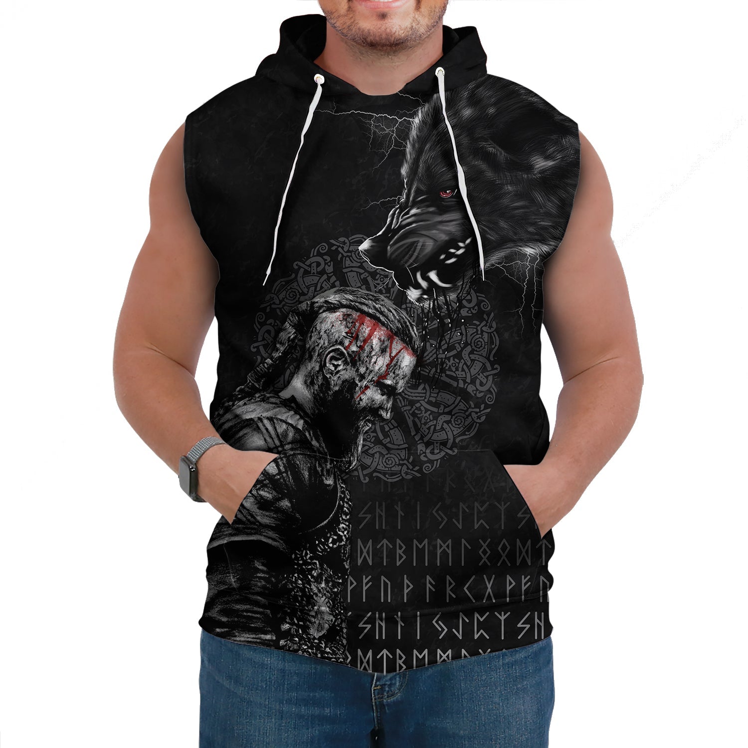 Viking Sleeveless Hoodie Ragnar and Wolf