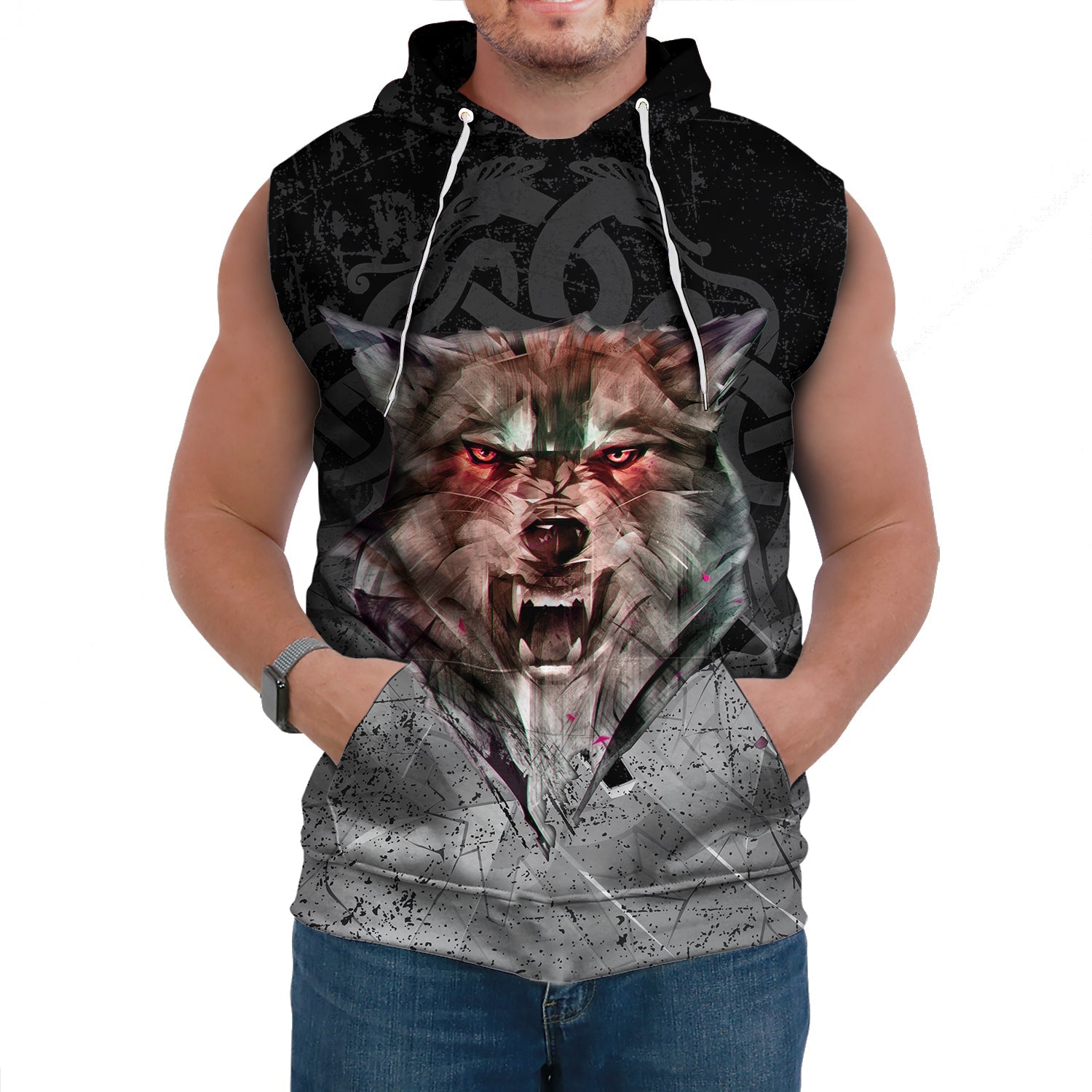 Viking Sleeveless Hoodie Fenrir Norse Wolf