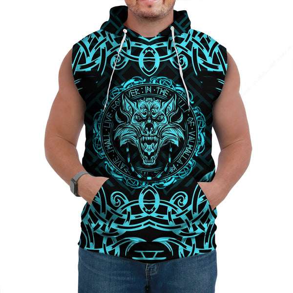 Viking Sleeveless Hoodie Fenrir Viking Cyan 3D