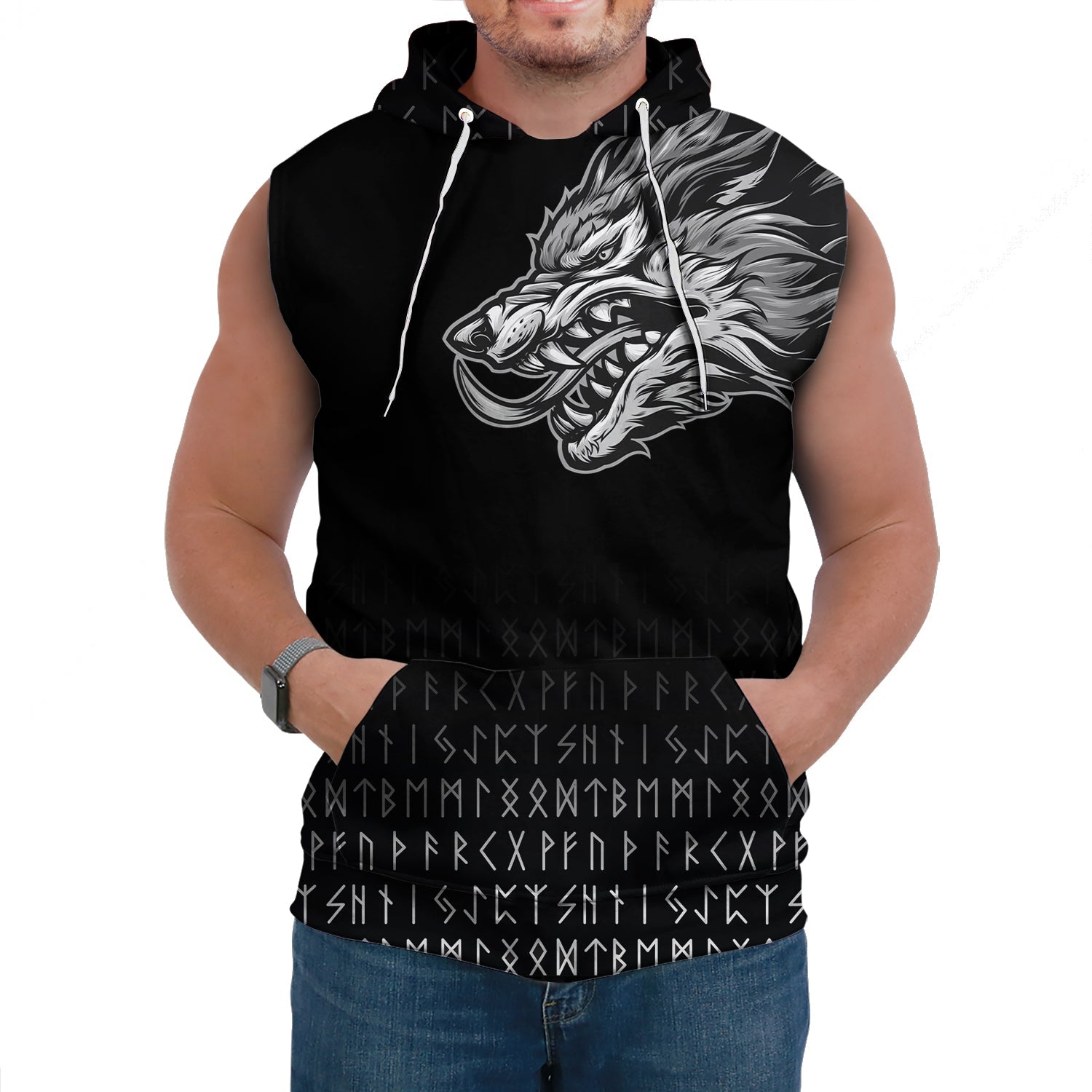 Viking Sleeveless Hoodies Fenrir Wolf Near Shoulder