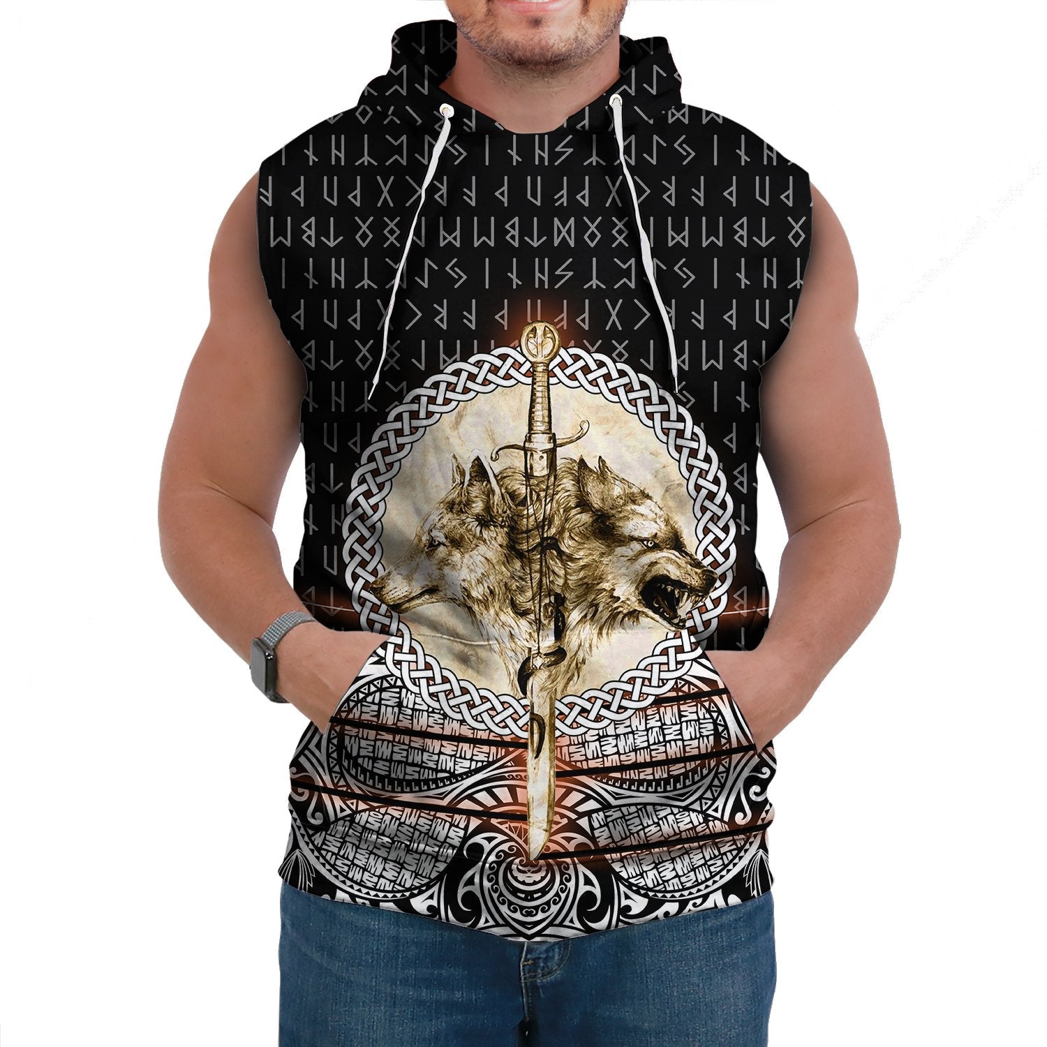 Viking Sleeveless Hoodie Wolf and Vikings Tattoo 3D