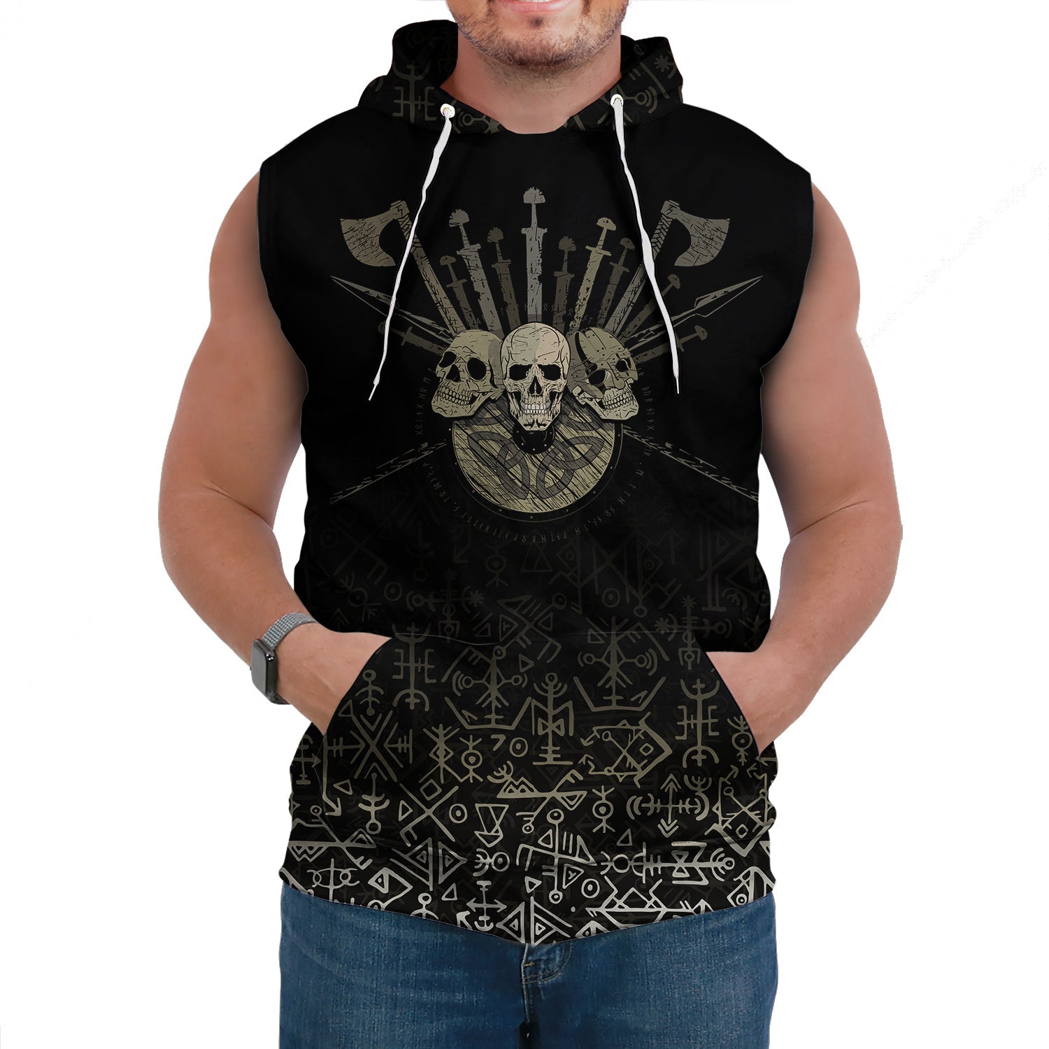 Custom Viking Sleeveless Hoodie Three Skull Of Viking