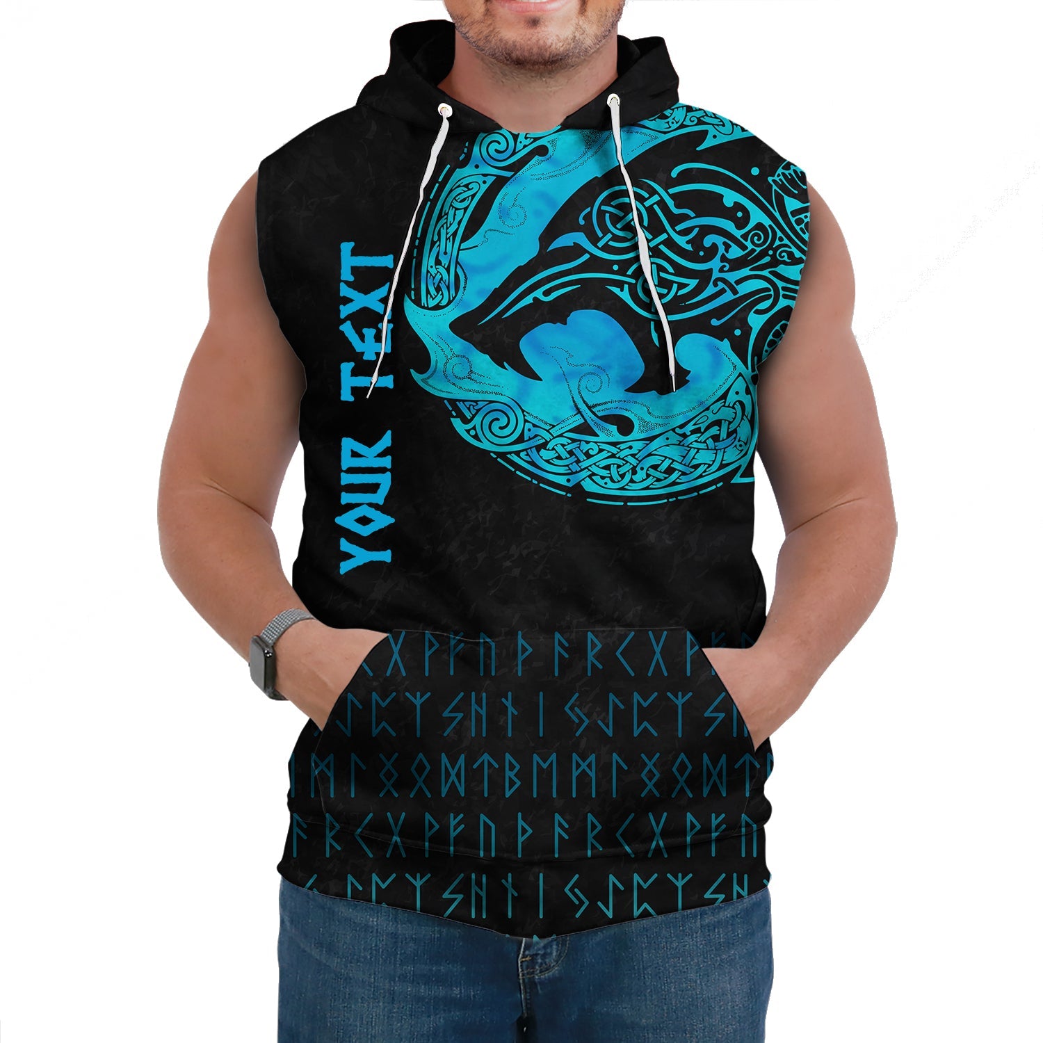 Custom Viking Sleeveless Hoodie Fenrir Wolf Cyan