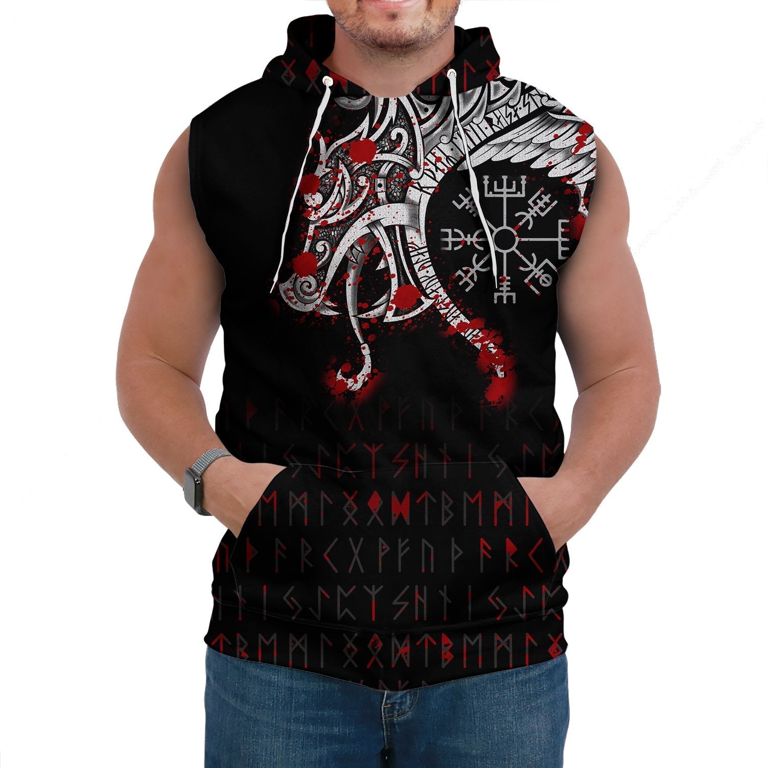 Viking Sleeveless Hoodie Dragon and Vegvisir Blood Tattoo