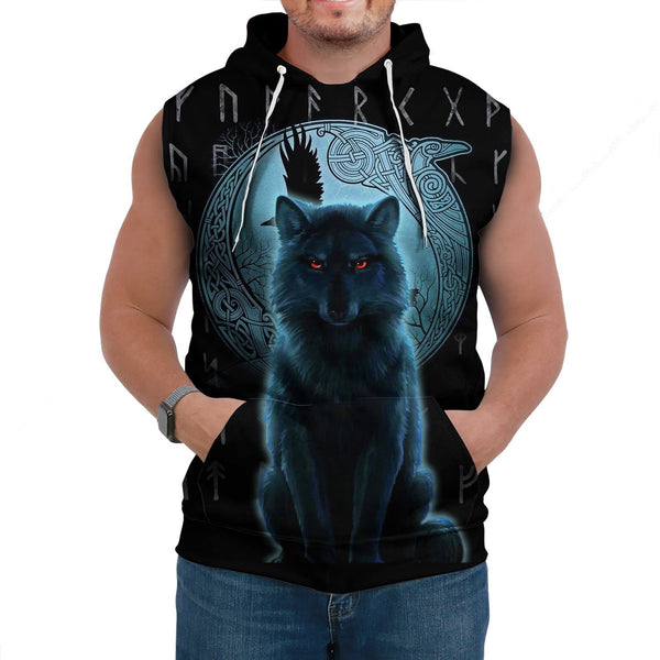 Viking Sleeveless Hoodie Fenrir Viking Wolf And Moon