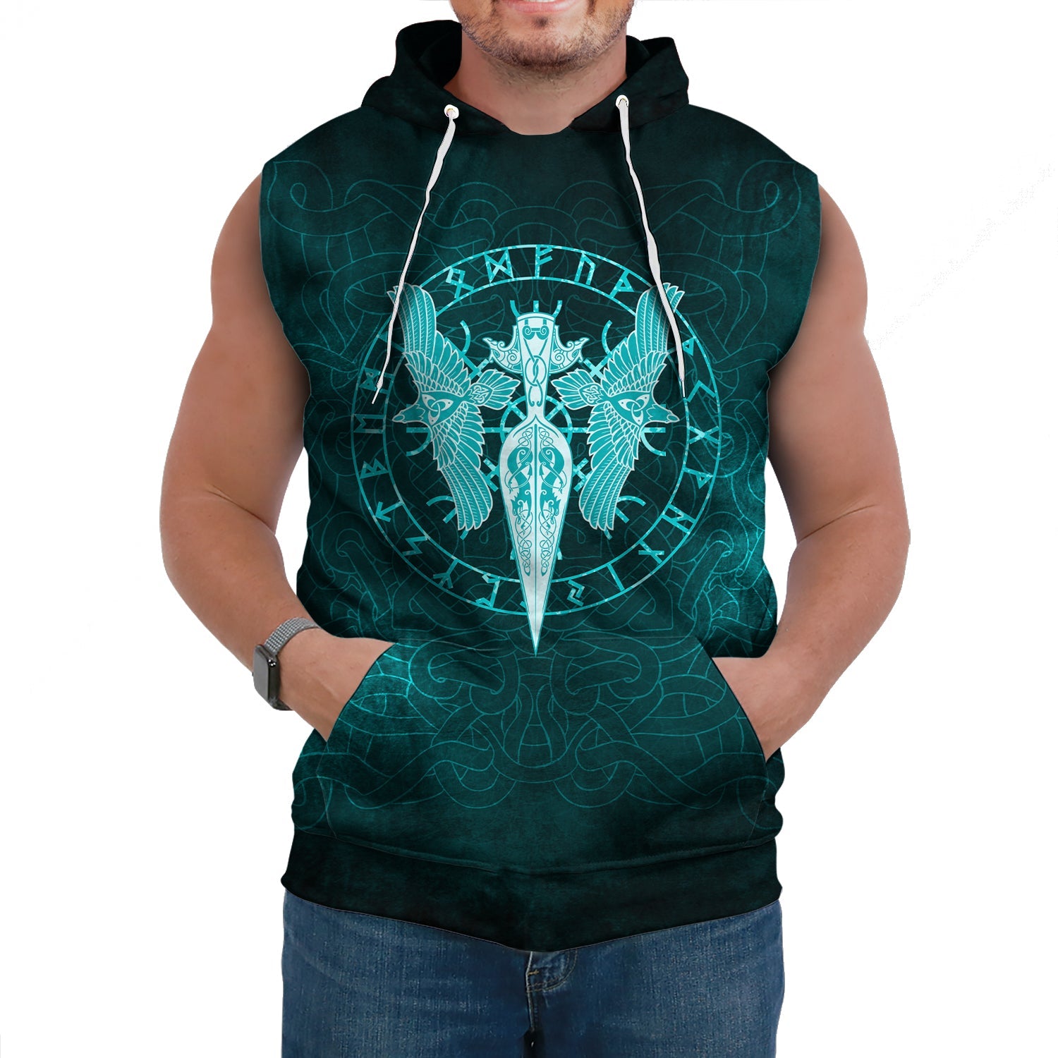 Viking Sleeveless Hoodies Cyan Spear Of The God Odin Gungnir And Two Cyan Ravens Style