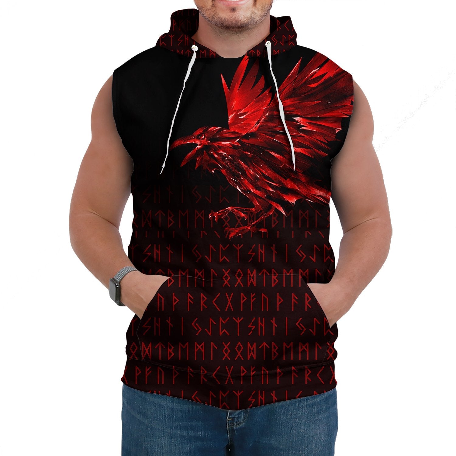 Viking Sleeveless Hoodie The Raven Of Odin Rune Red