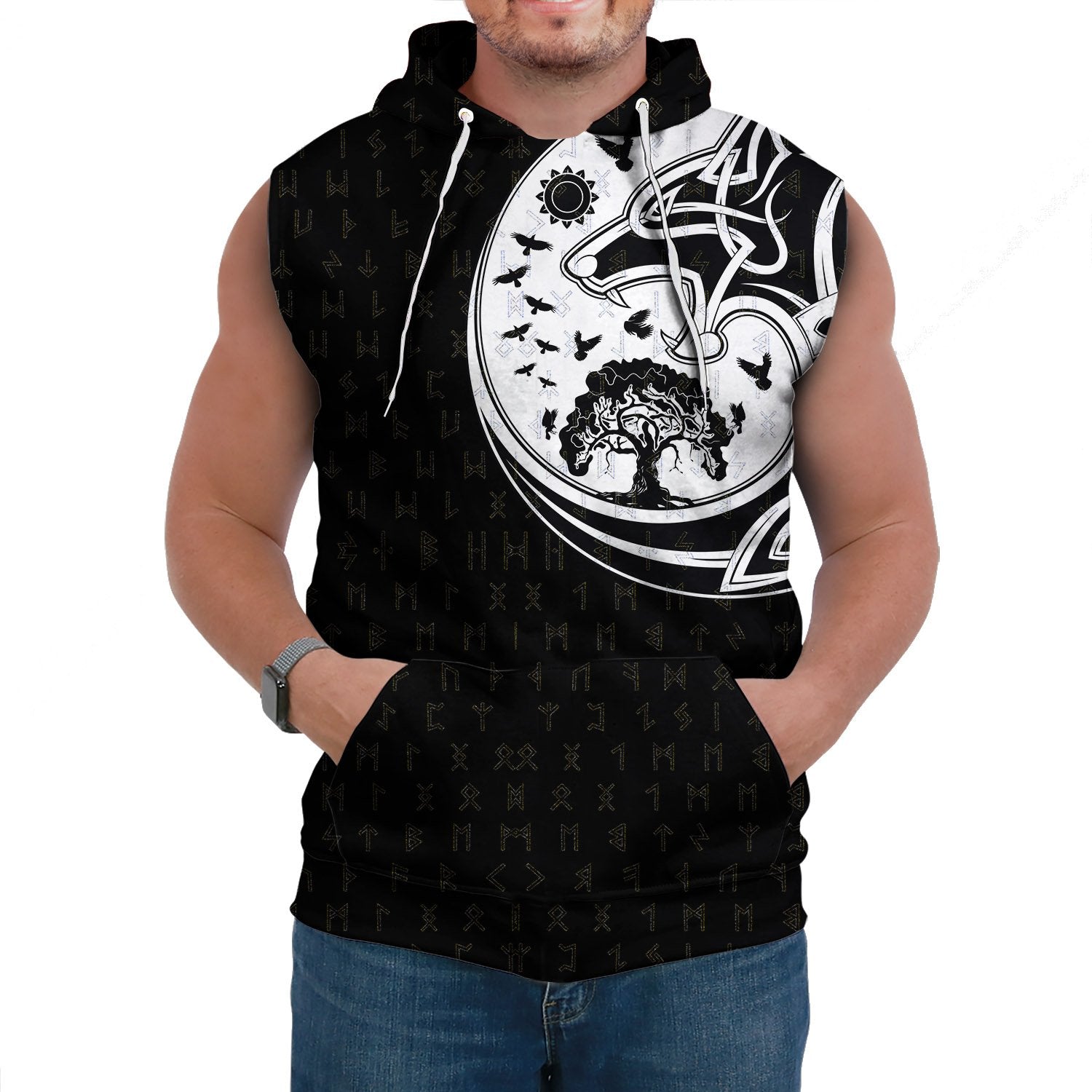 Viking Sleeveless Hoodie Skoll And Hati Rune Tattoo