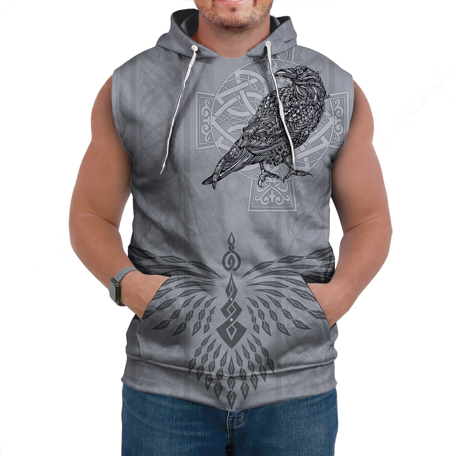 Viking Sleeveless Hoodies Odin's Celtic Raven Scandinavian Tattoo