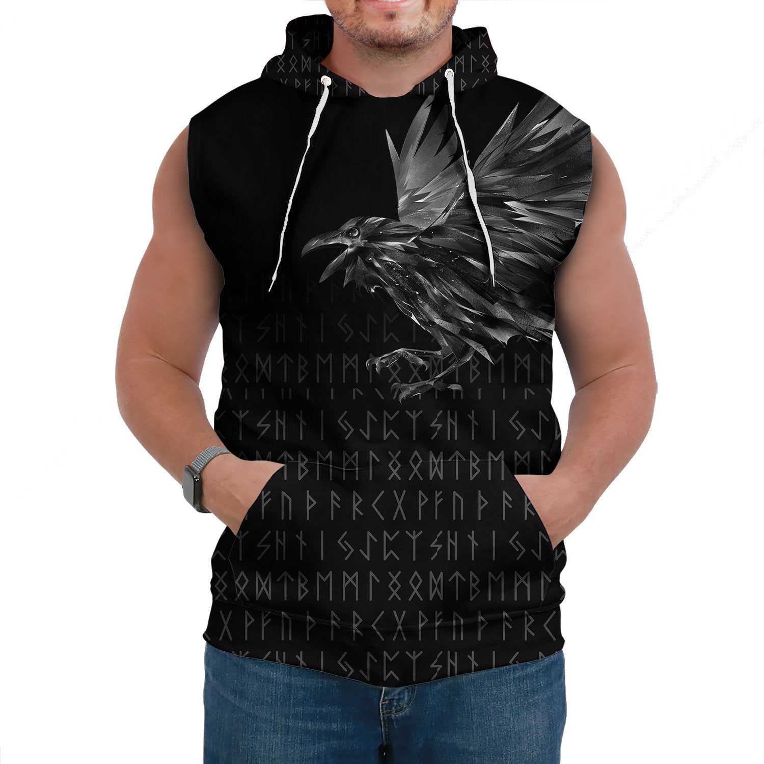 Viking Sleeveless Hoodie The Raven Of Odin Rune