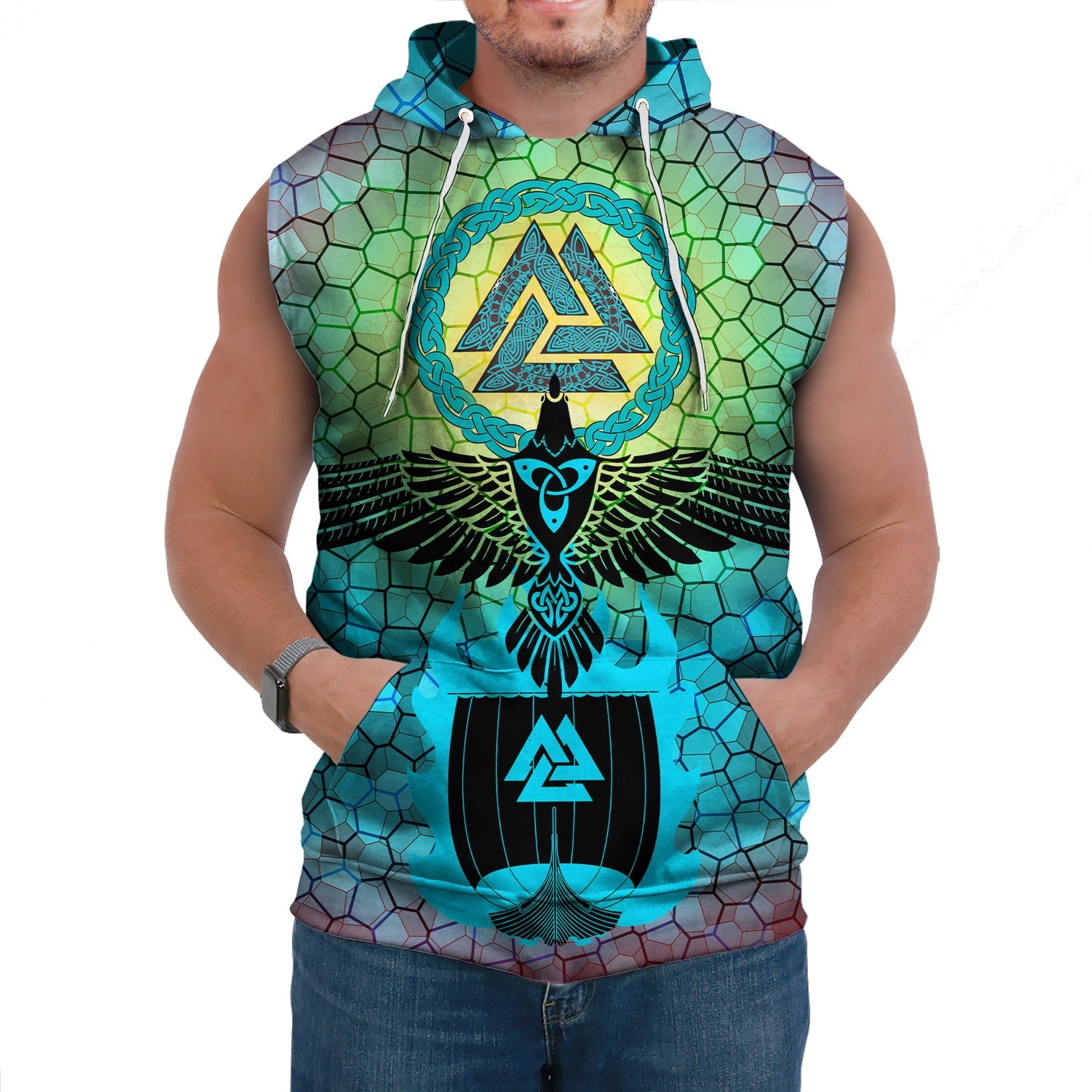 Viking Sleeveless Hoodies Raven Of Odin And Drakkar On Fire On Vignette Cyan Valknut