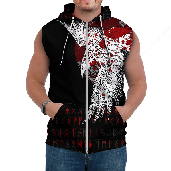 Viking Sleeveless Hoodie Mystical Raven Tattoo Style Blood