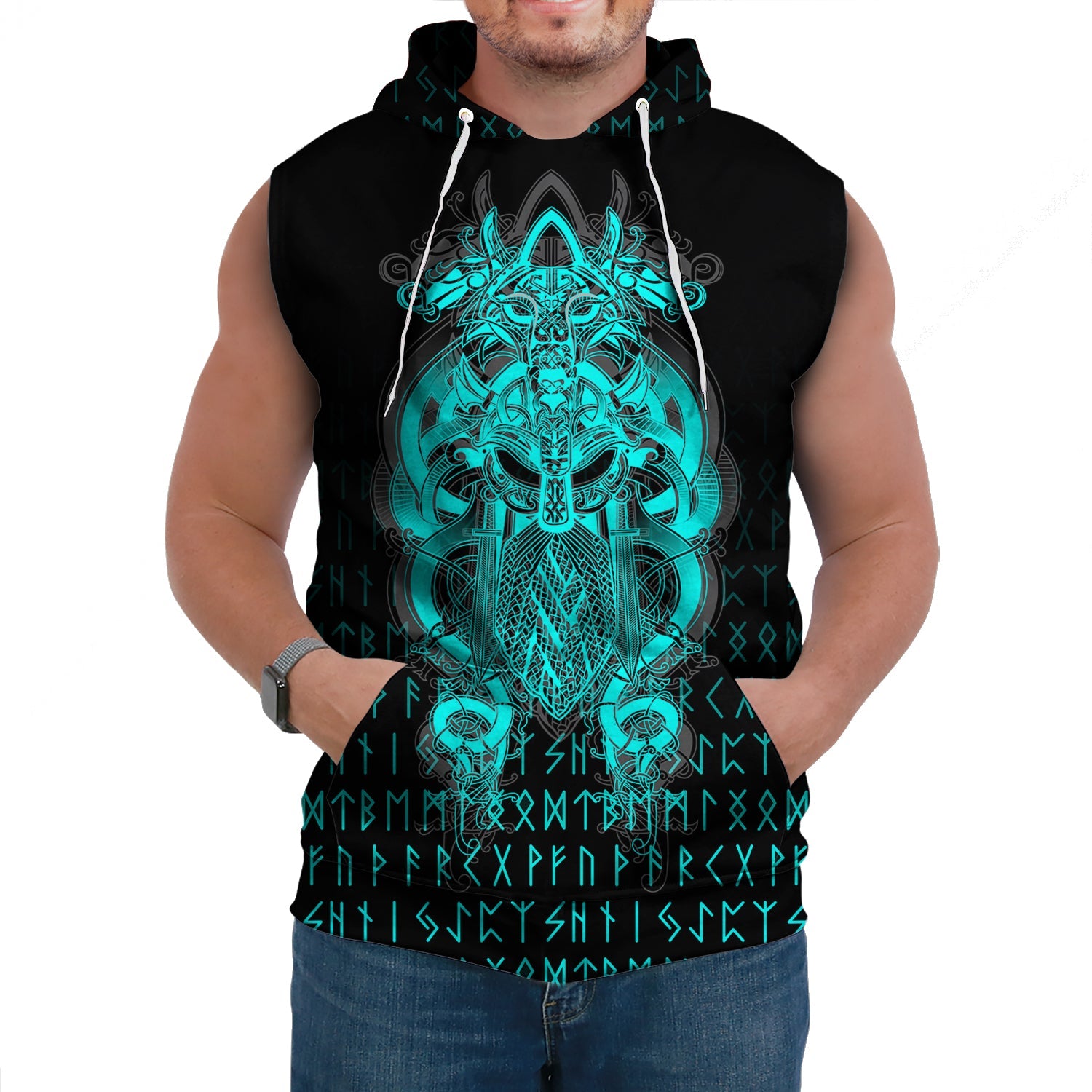 Viking Sleeveless Hoodie Tyr Tattoo Cyan