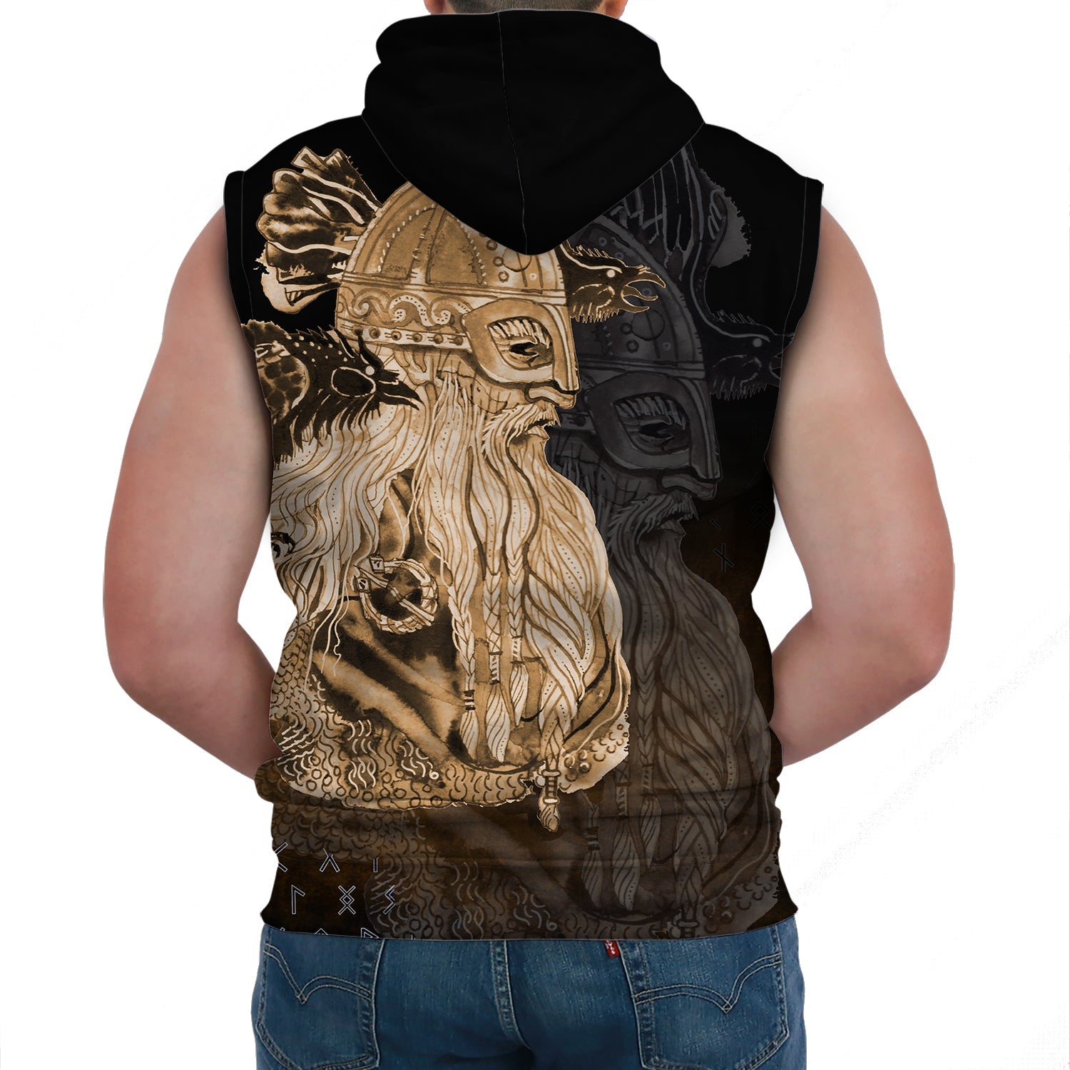 Viking Sleeveless Hoodies Odin Raven Viking Gold