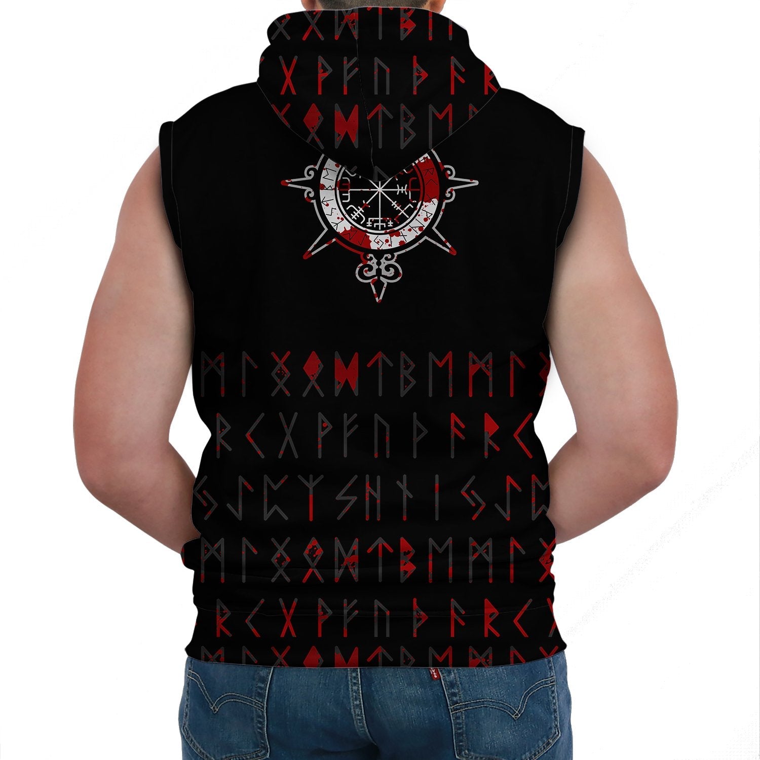 Viking Sleeveless Hoodie. Double Dragon Tattoo And Vegvisir Blood