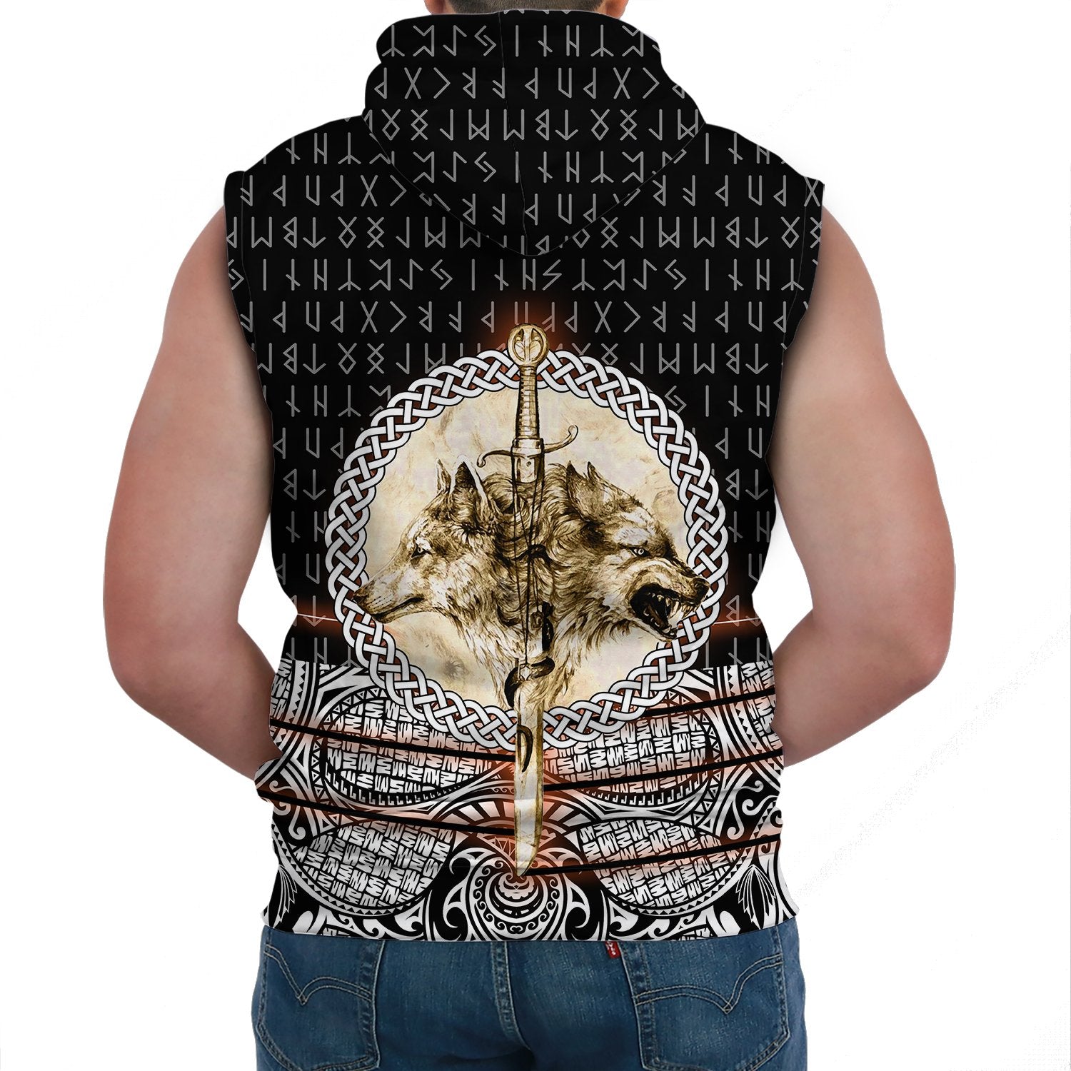 Viking Sleeveless Hoodie Wolf and Vikings Tattoo 3D