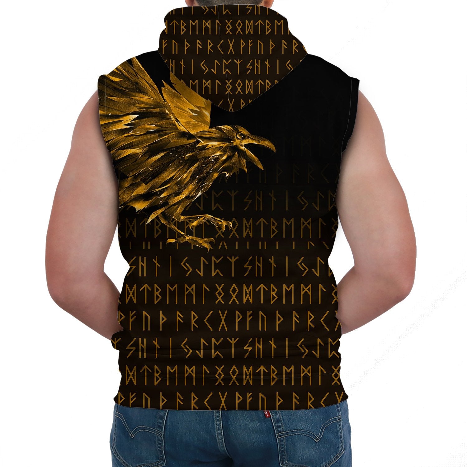 Viking Sleeveless Hoodie The Raven Of Odin Rune Gold