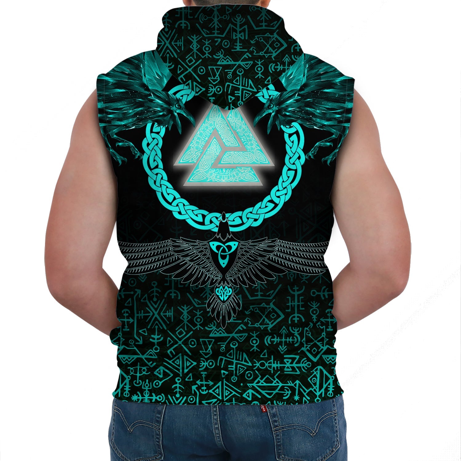 Viking Sleeveless Hoodie Three Raven and Valknut Cyan