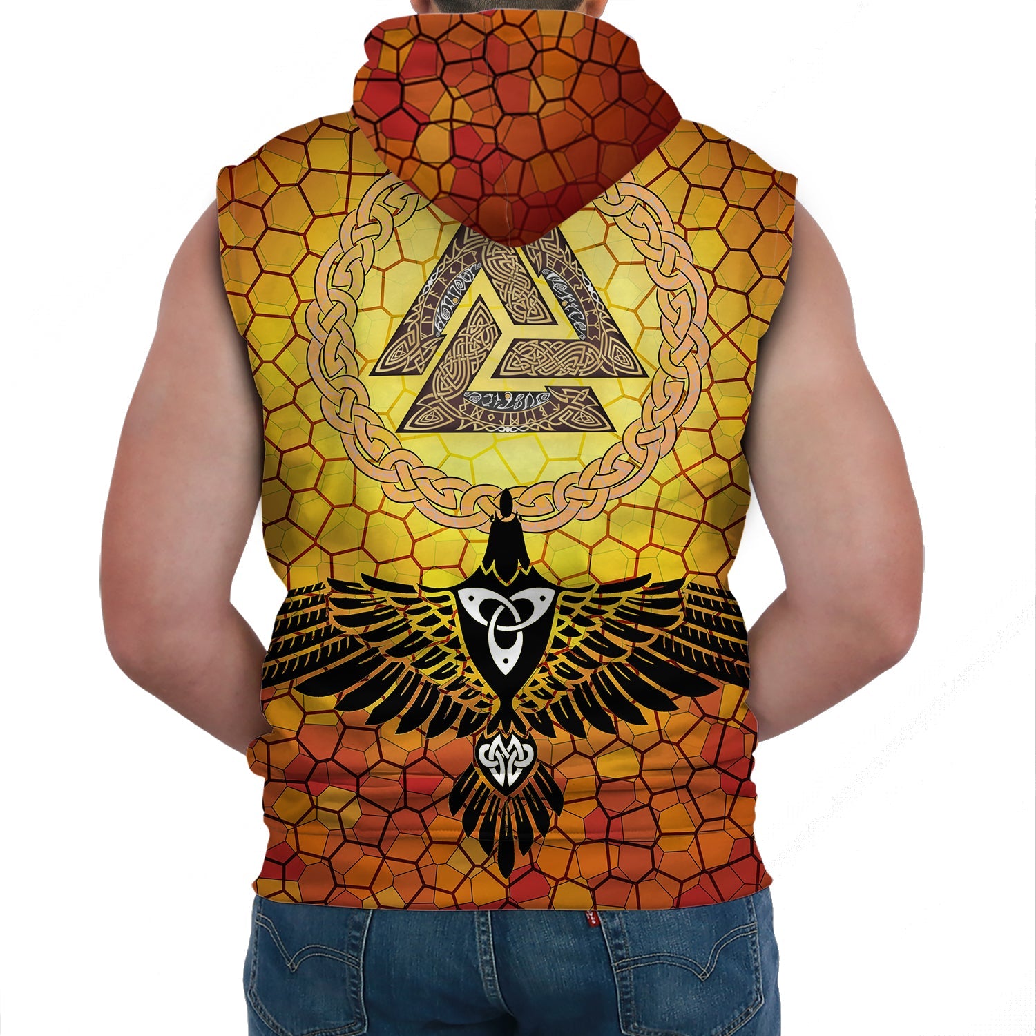 Viking Sleeveless Hoodies Raven Of Odin And Drakkar On Fire On Vignette Gold Valknut