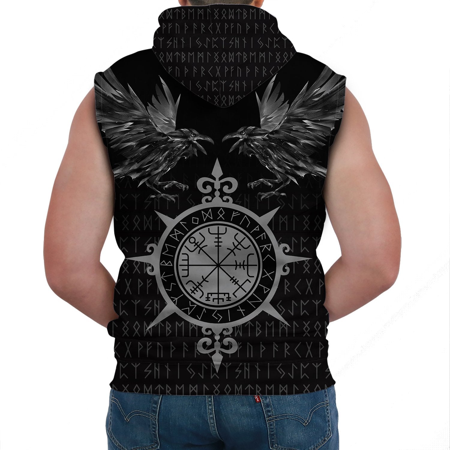 Viking Sleeveless Hoodie Odin Huginn and Muninn Rune