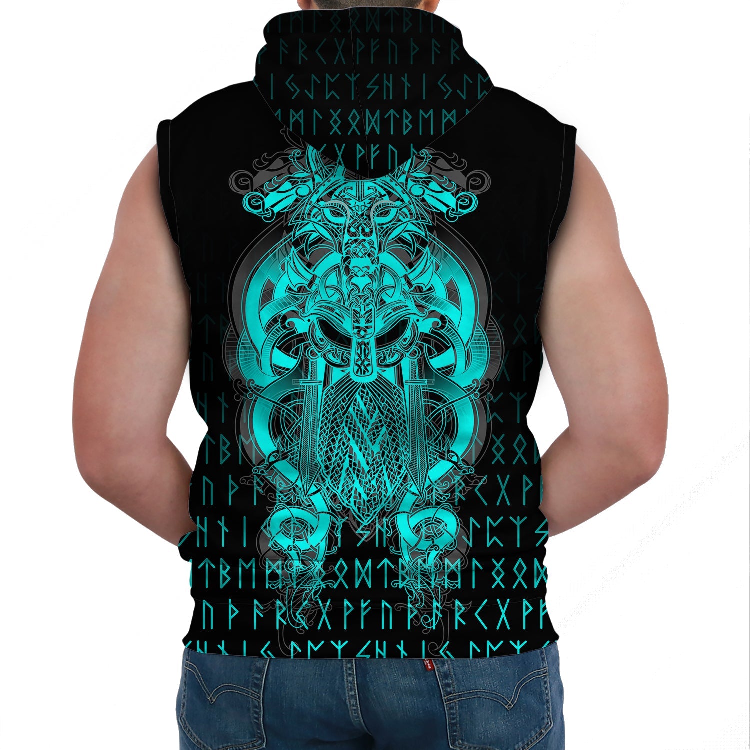 Viking Sleeveless Hoodie Tyr Tattoo Cyan