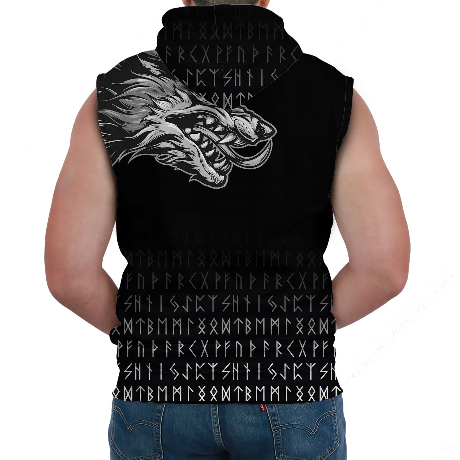 Custom Viking Sleeveless Hoodies Fenrir Wolf Near Shoulder