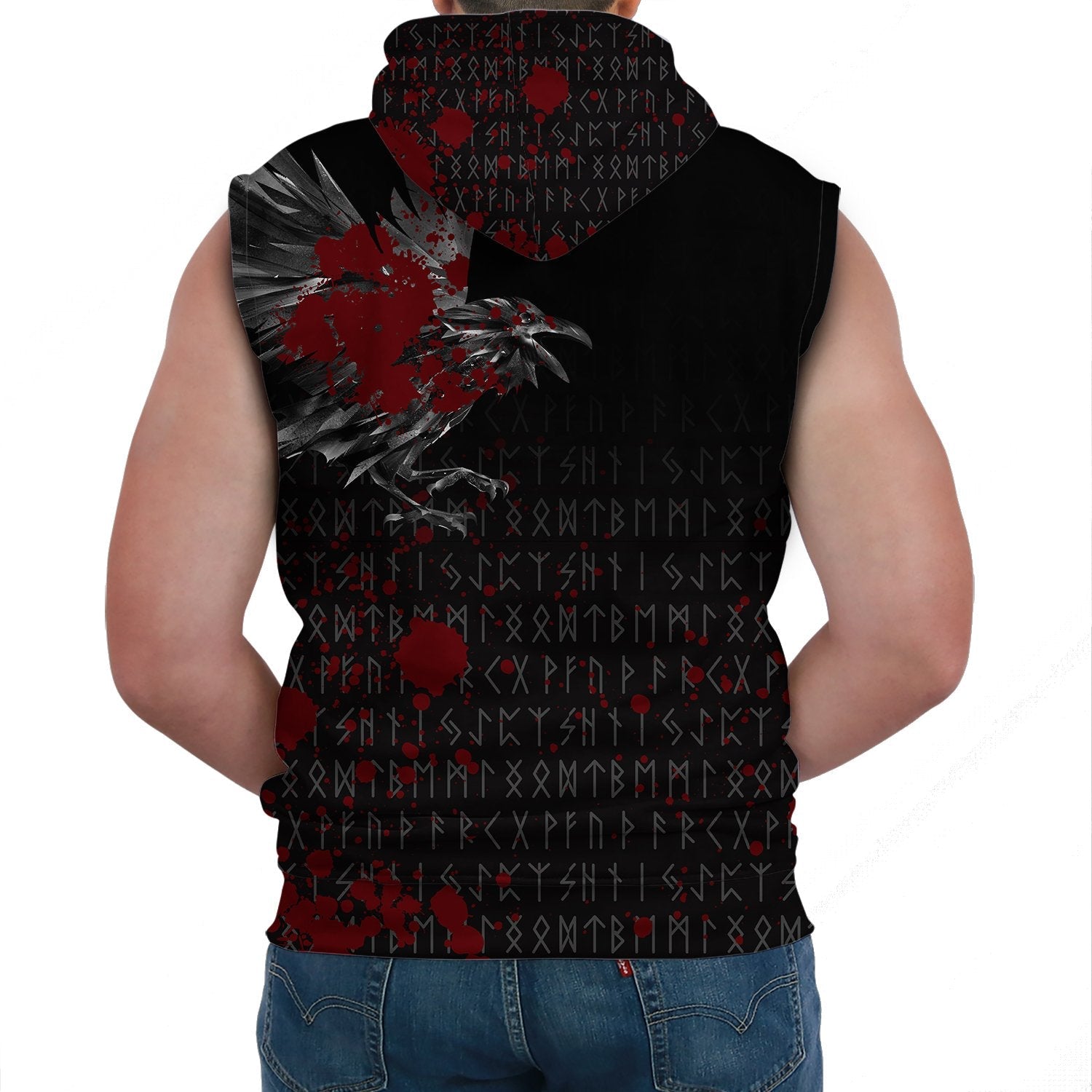 Viking Sleeveless Hoodie The Raven Of Odin Rune Blood