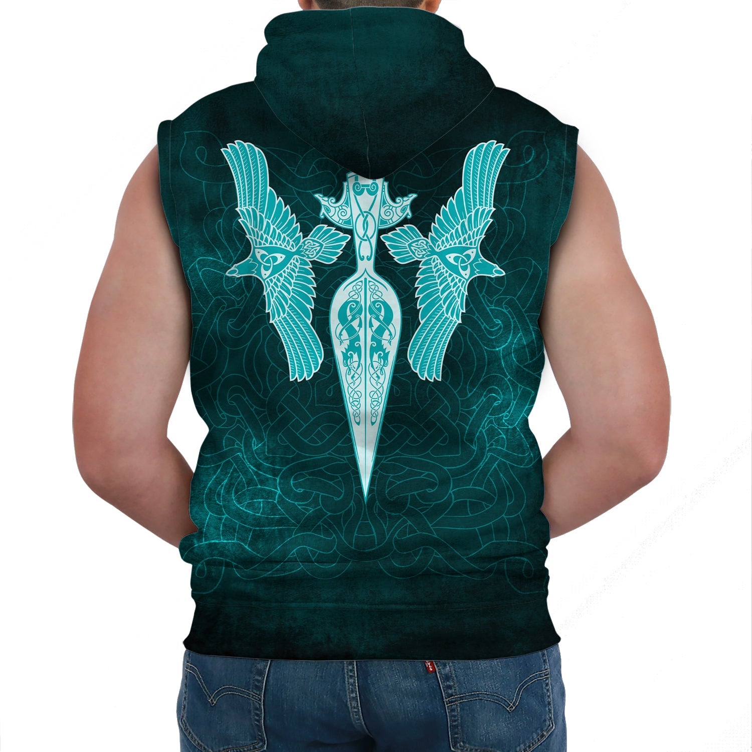 Viking Sleeveless Hoodies Cyan Spear Of The God Odin Gungnir And Two Cyan Ravens Style