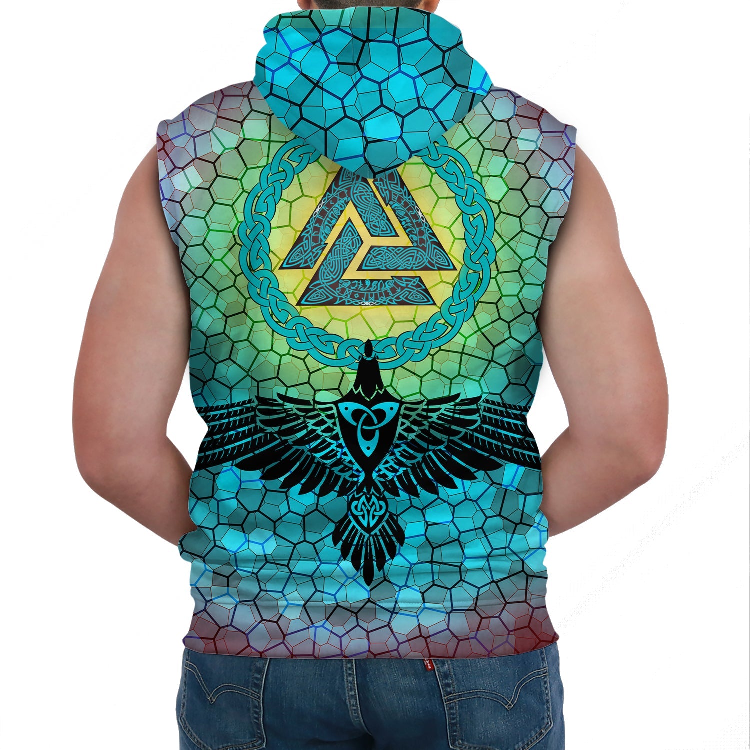 Viking Sleeveless Hoodies Raven Of Odin And Drakkar On Fire On Vignette Cyan Valknut