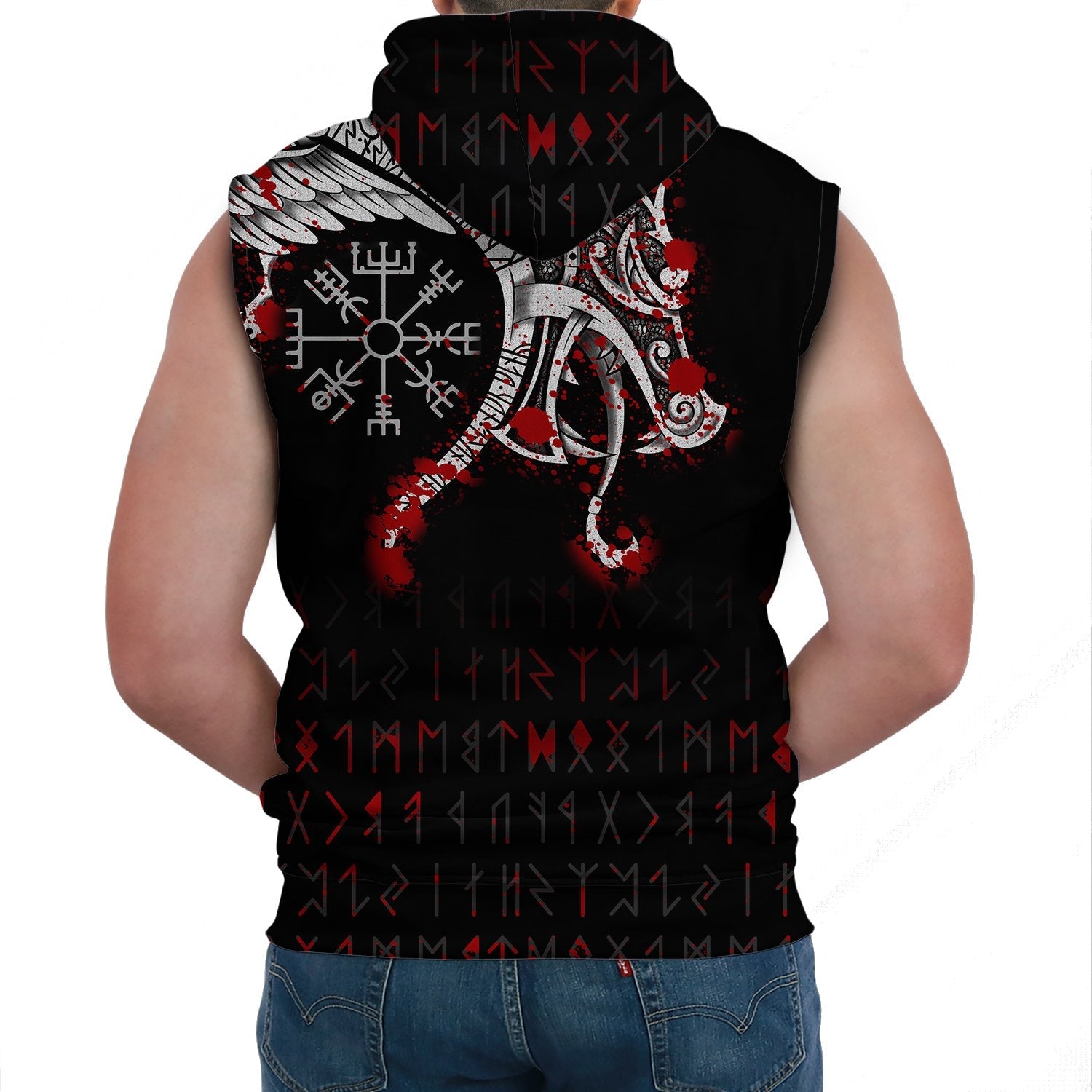 Viking Sleeveless Hoodie Dragon and Vegvisir Blood Tattoo