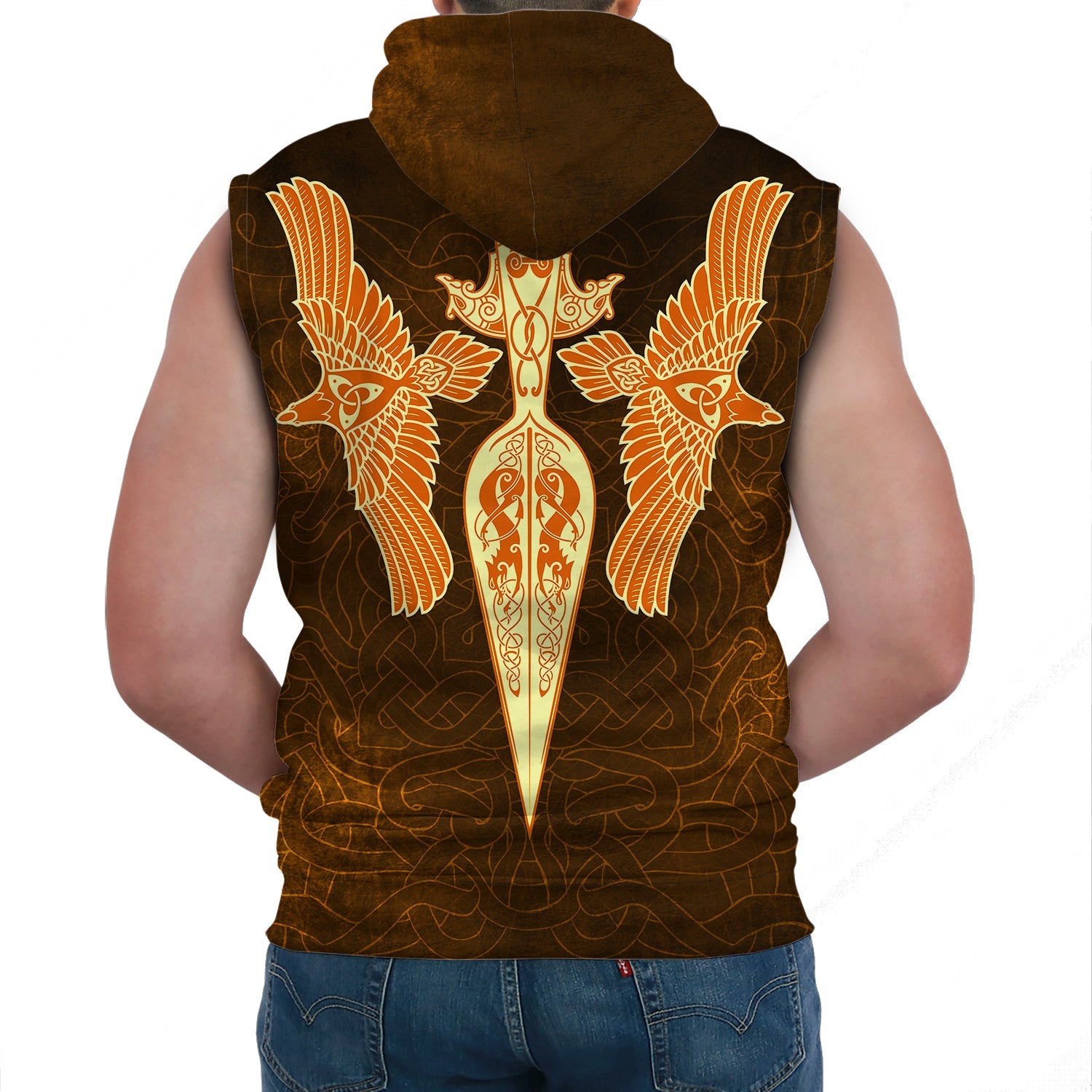 Viking Sleeveless Hoodies Gold Spear Of The God Odin Gungnir And Two Gold Ravens