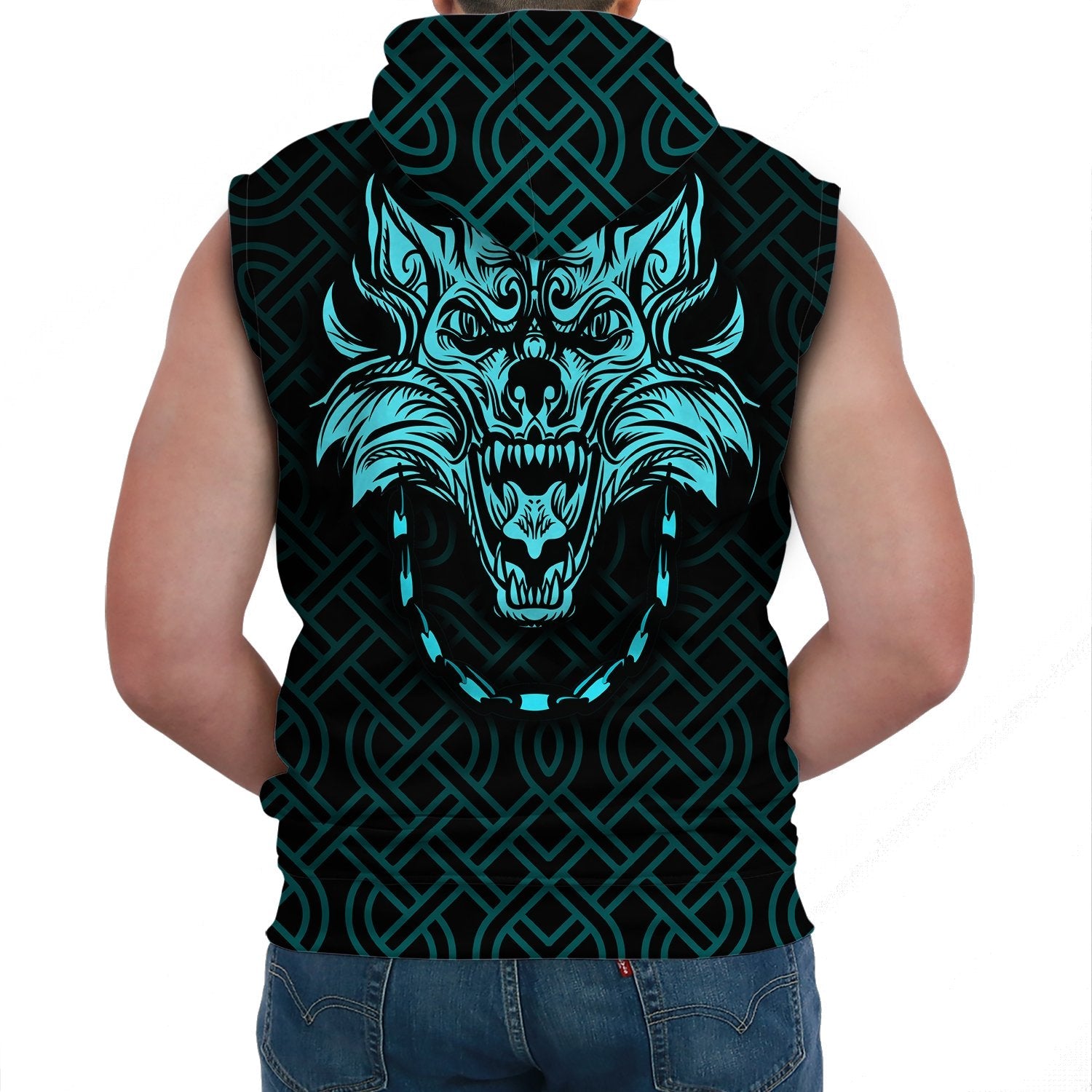 Viking Sleeveless Hoodie Fenrir Viking Cyan 3D