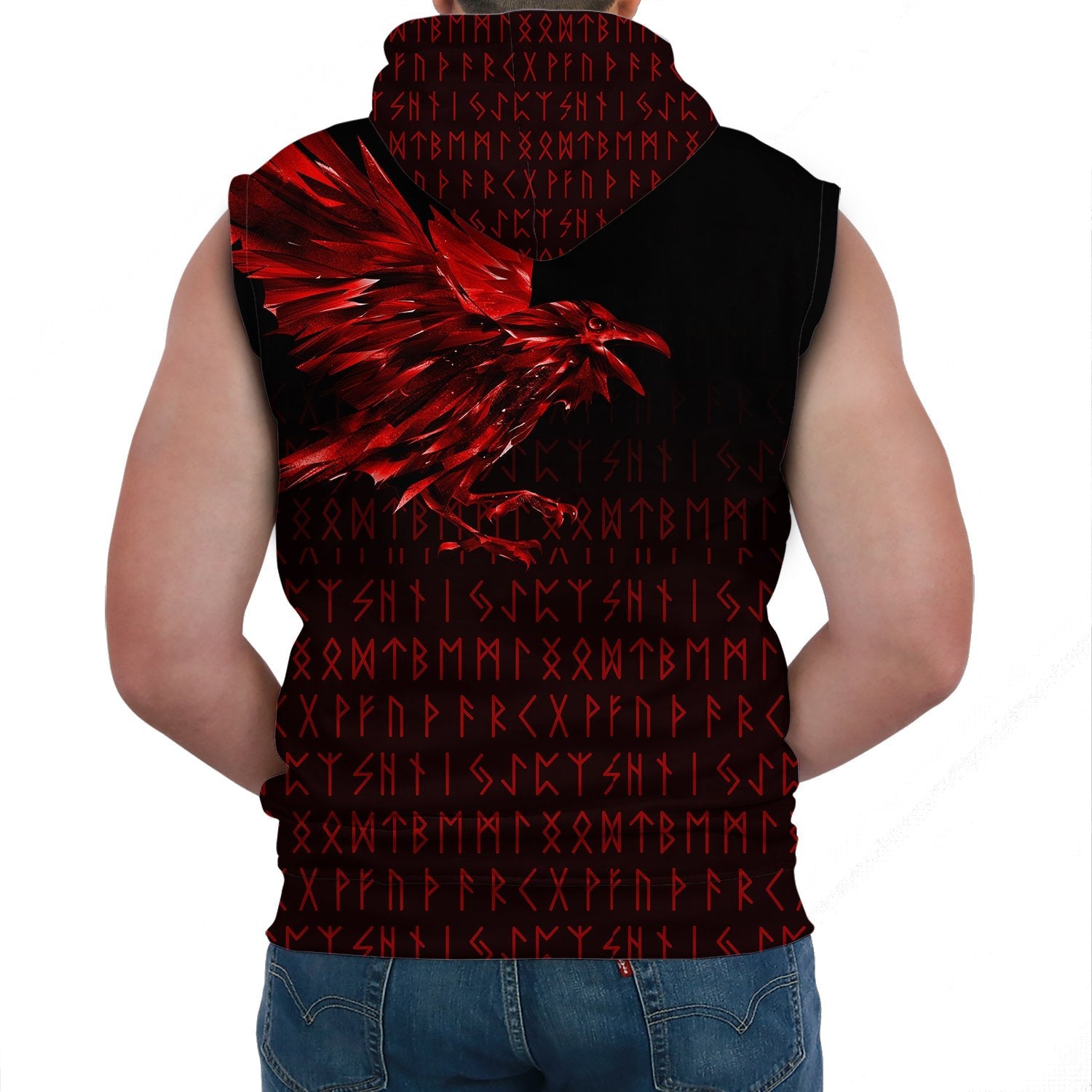 Viking Sleeveless Hoodie The Raven Of Odin Rune Red