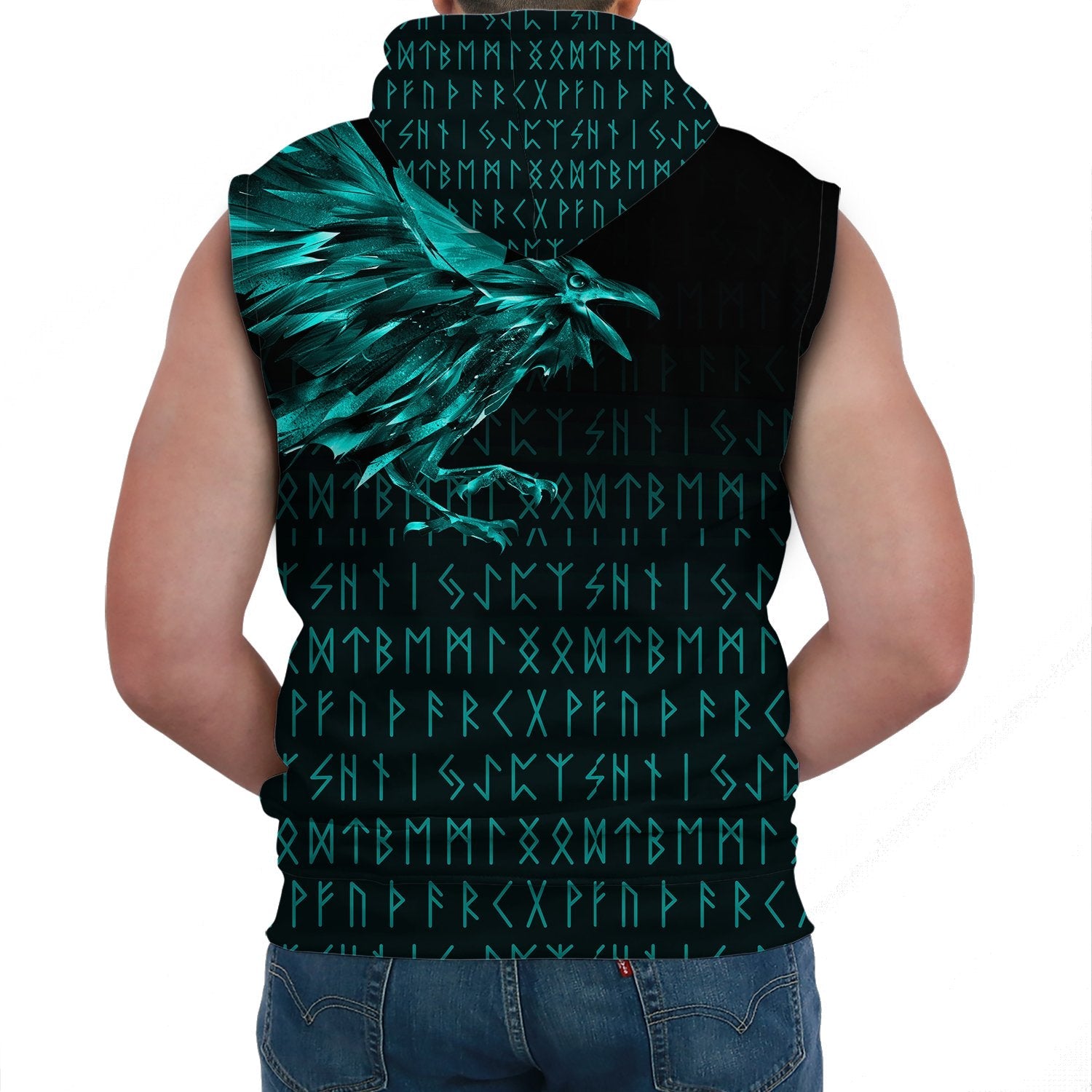 Viking Sleeveless Hoodie The Raven Of Odin Rune Cyan