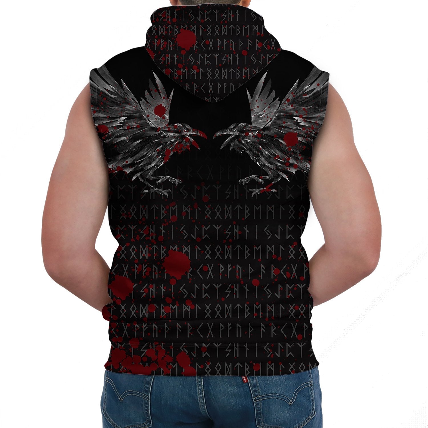 Viking Sleeveless Hoodie Odin Huginn and Muninn Rune Blood