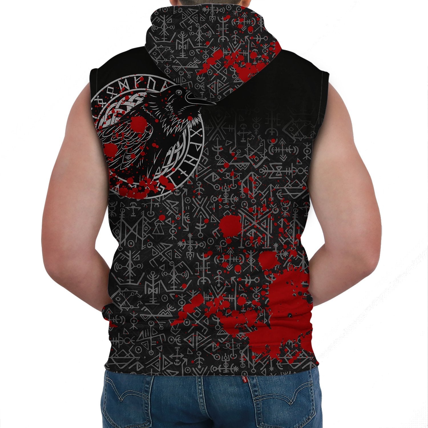 Viking Sleeveless Hoodie Odin Raven Rune Futhark Blood