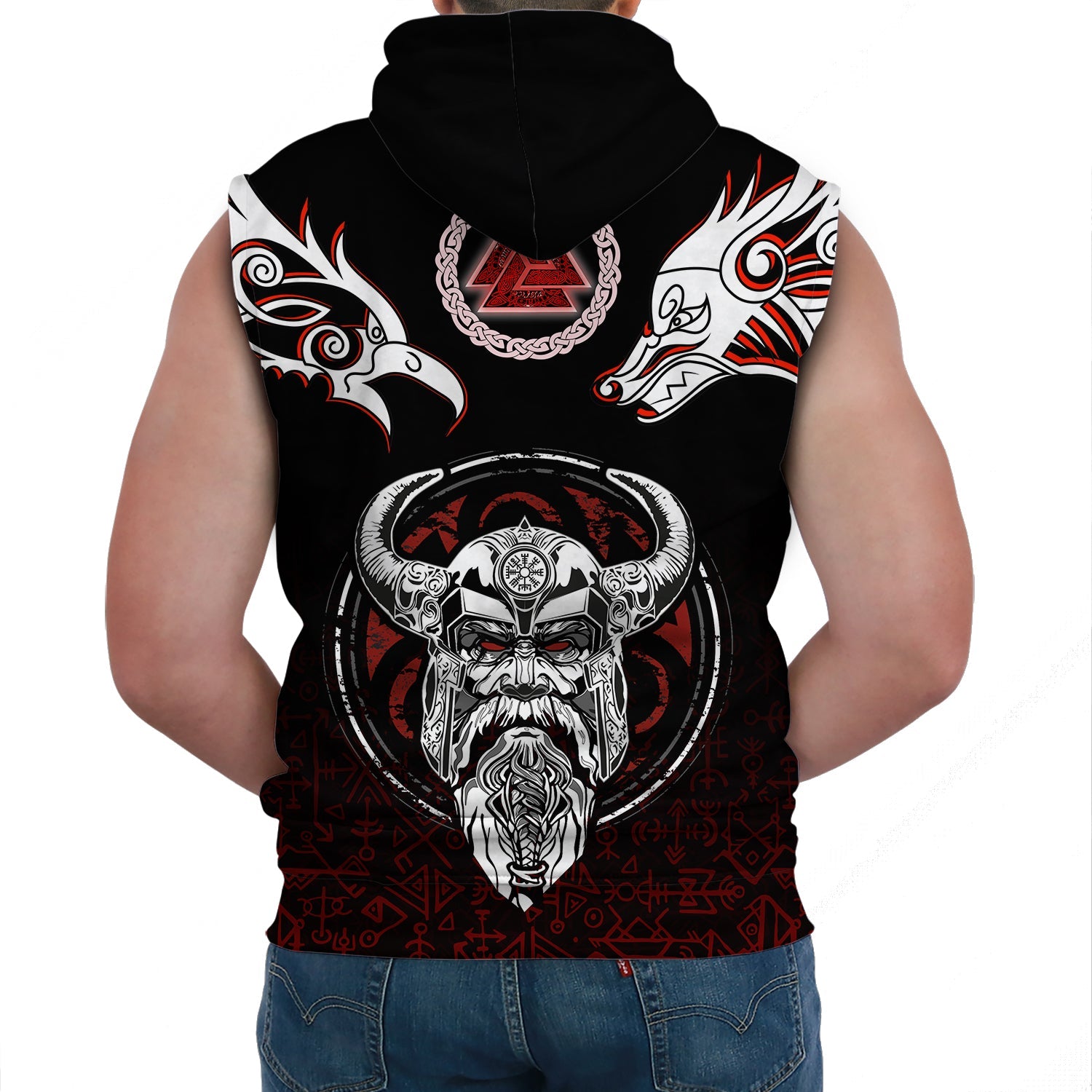 Viking Sleeveless Hoodie Odin Raven Fenrir and Valknut 