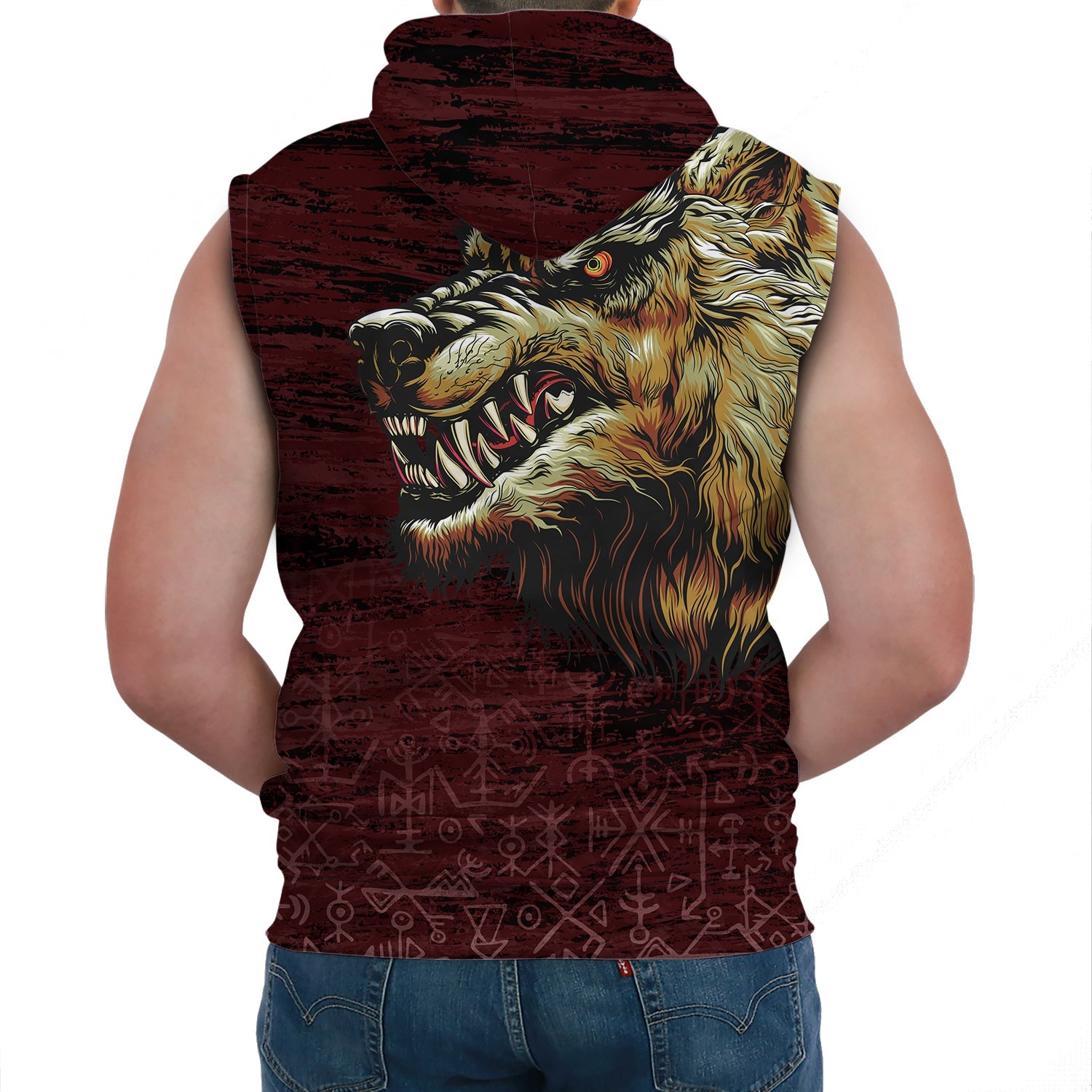 Viking Sleeveless Hoodies Fenrir On The Blood Moon Background