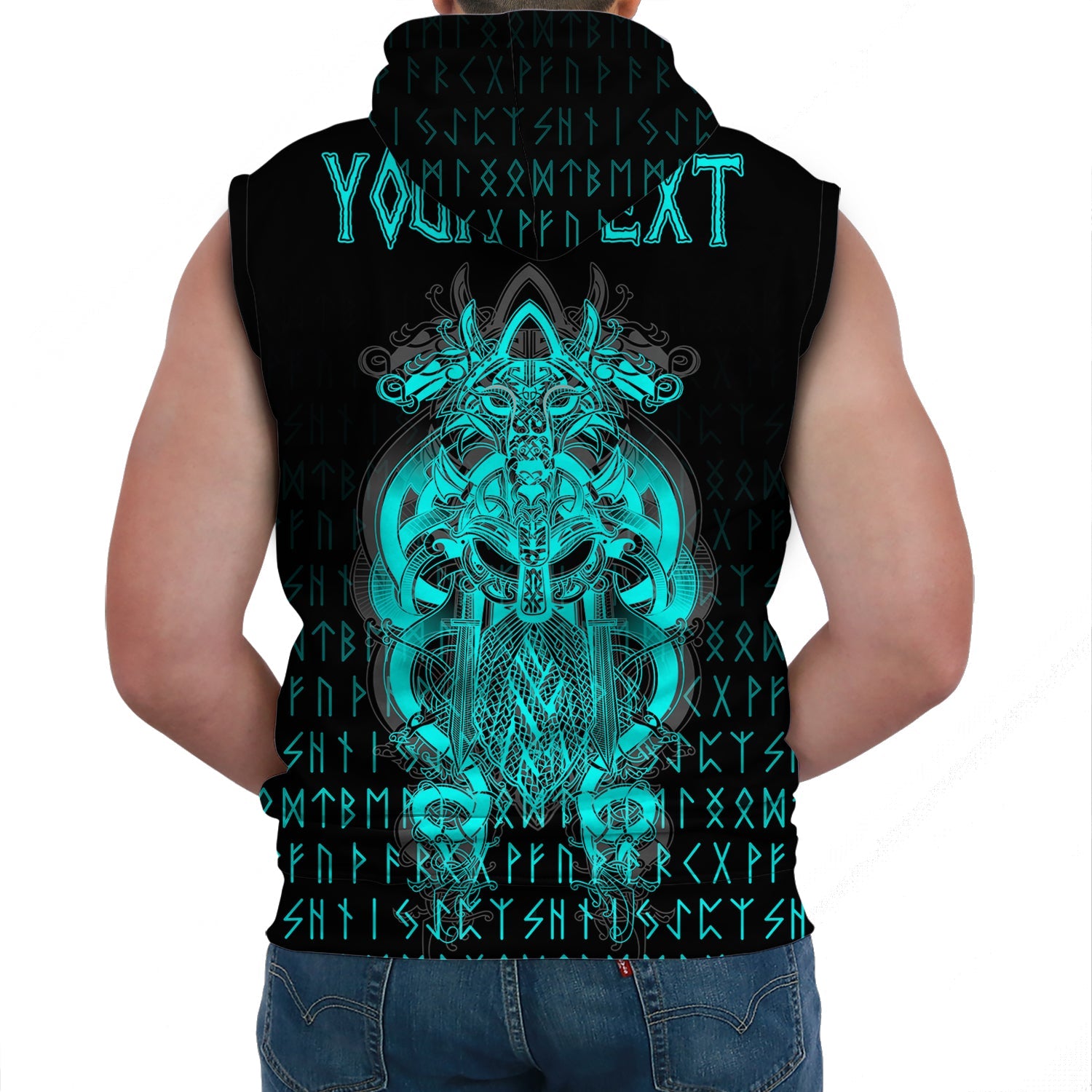 Custom Viking Sleeveless Hoodie Tyr Tattoo Cyan