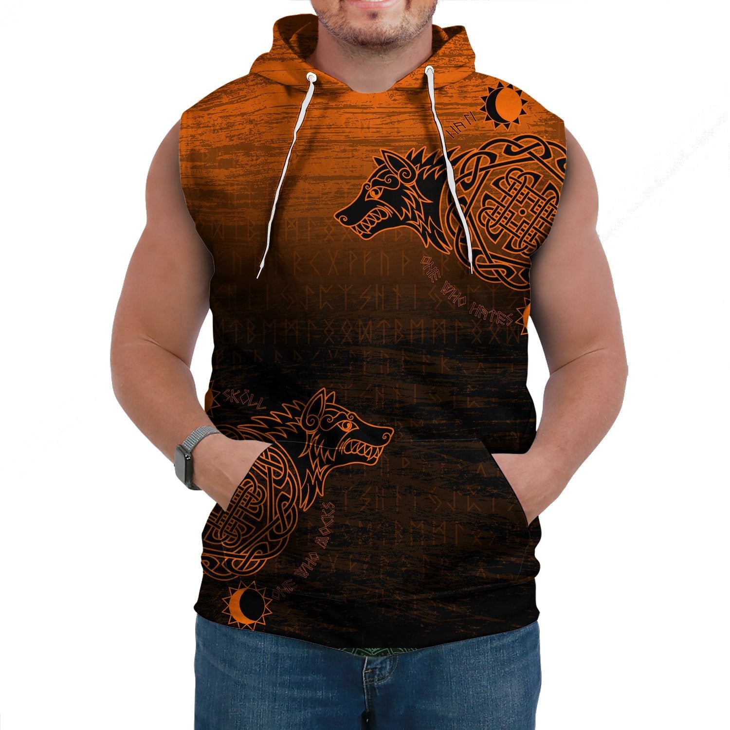 Viking Sleeveless Hoodie Skoll And Hati Orange