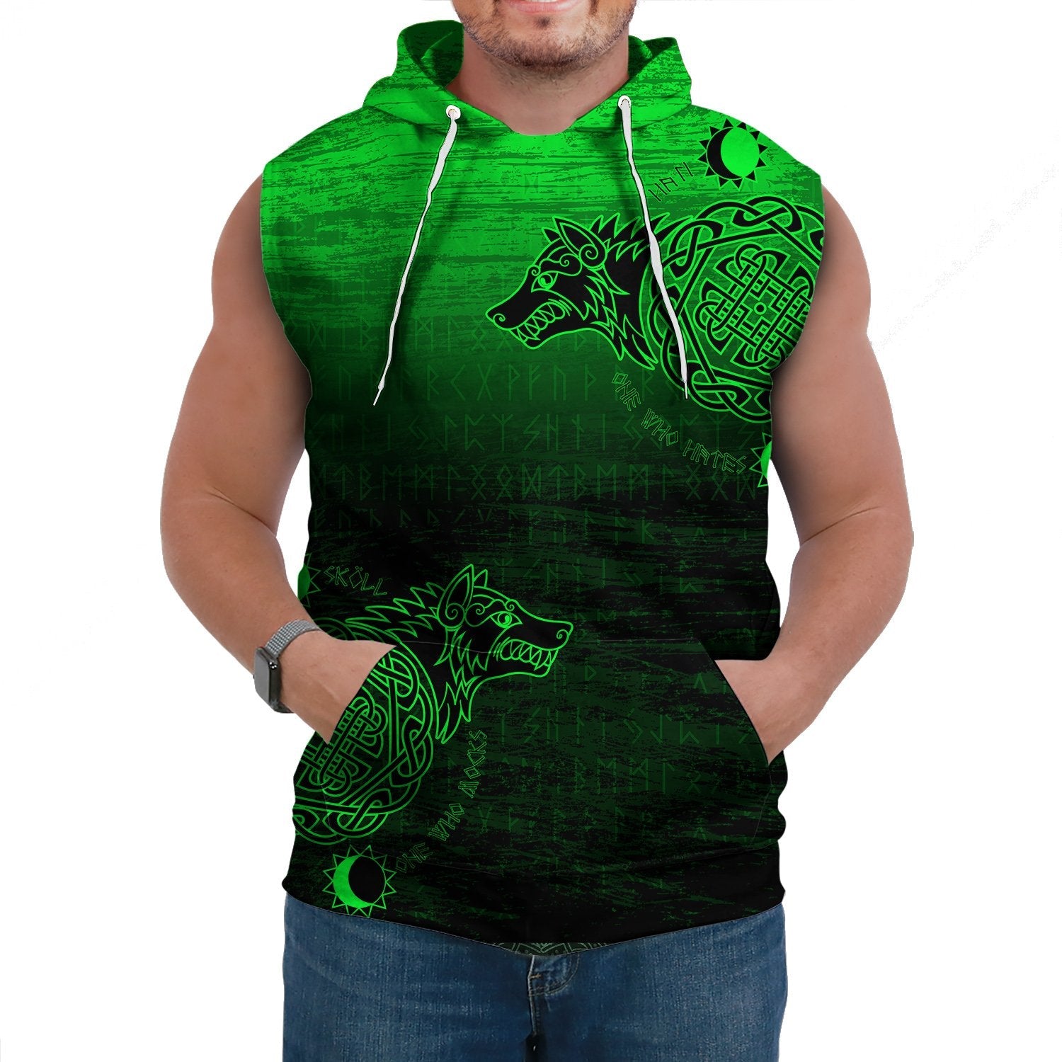 Viking Sleeveless Hoodie Skoll And Hati Green