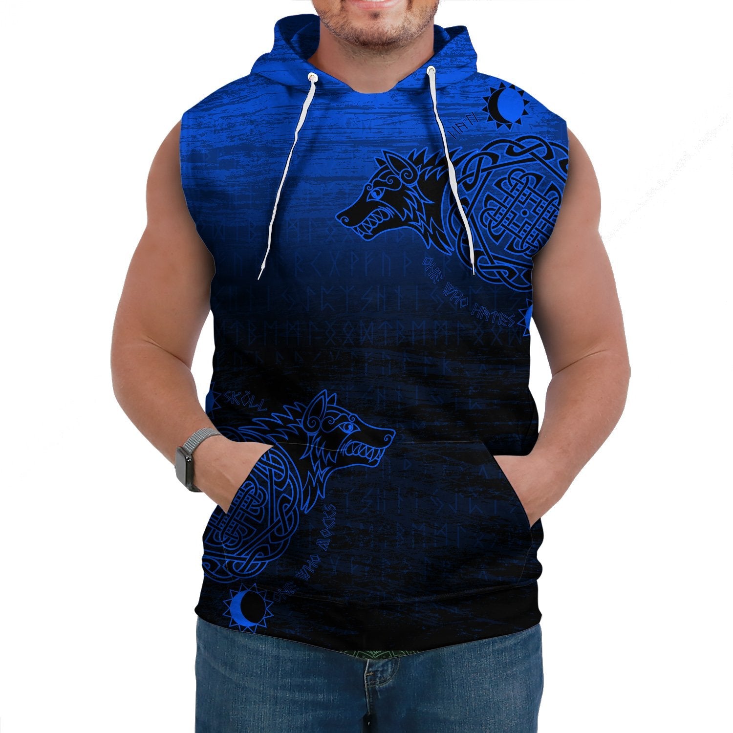 Viking Sleeveless Hoodie Skoll And Hati Blue