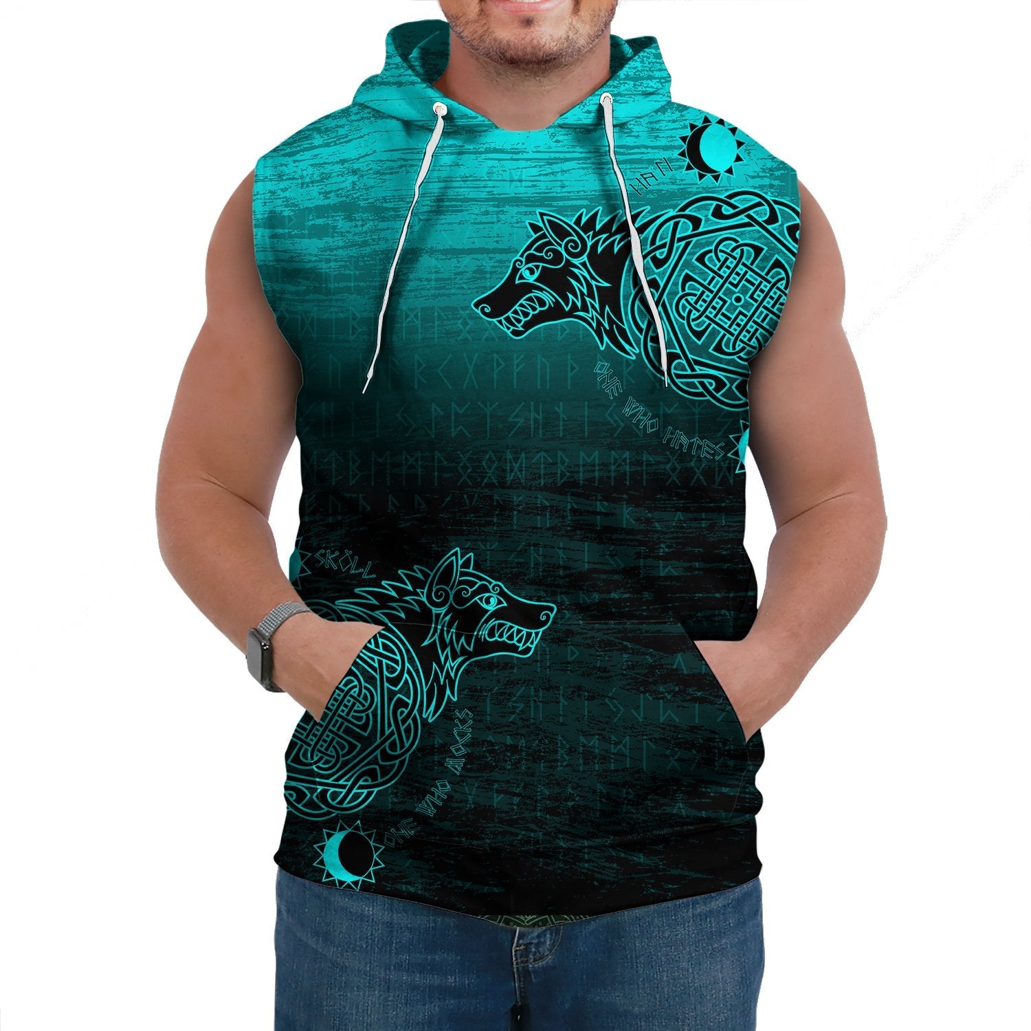 Viking Sleeveless Hoodie Skoll And Hati Cyan