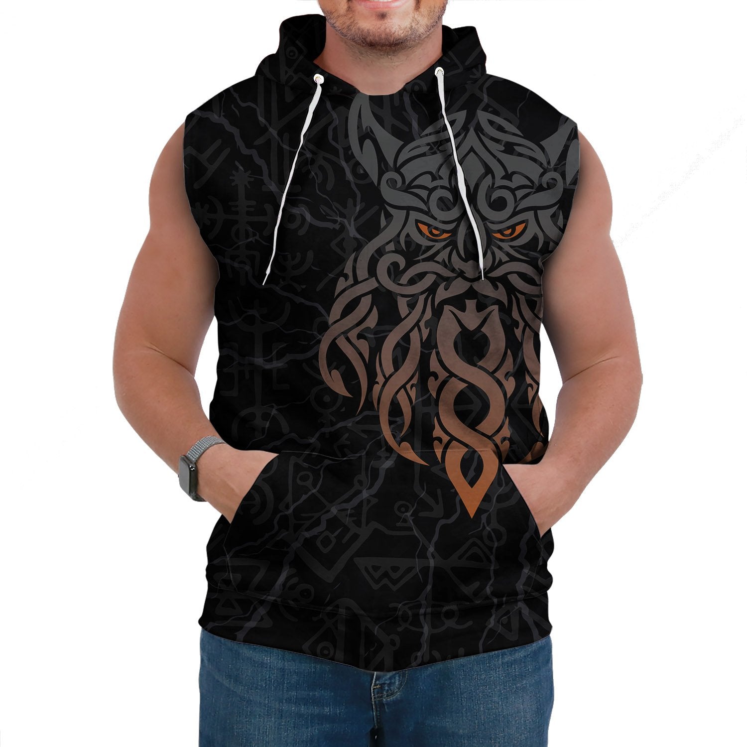 Viking Sleeveless Hoodie Odin God Furthark Tattoo Special