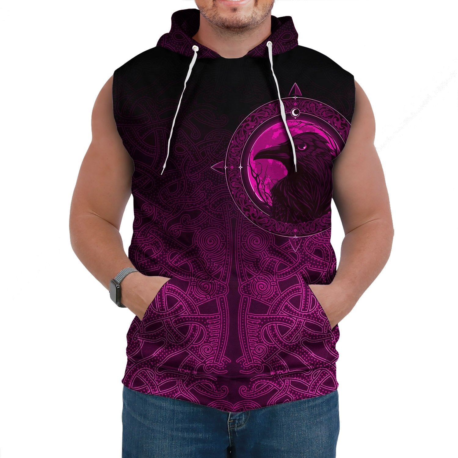 Viking Sleeveless Hoodie Ethnic Odin Raven Pink