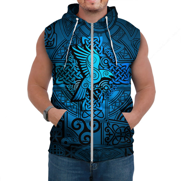 Viking Sleeveless Hoodie Raven Odin Celtic Cyan