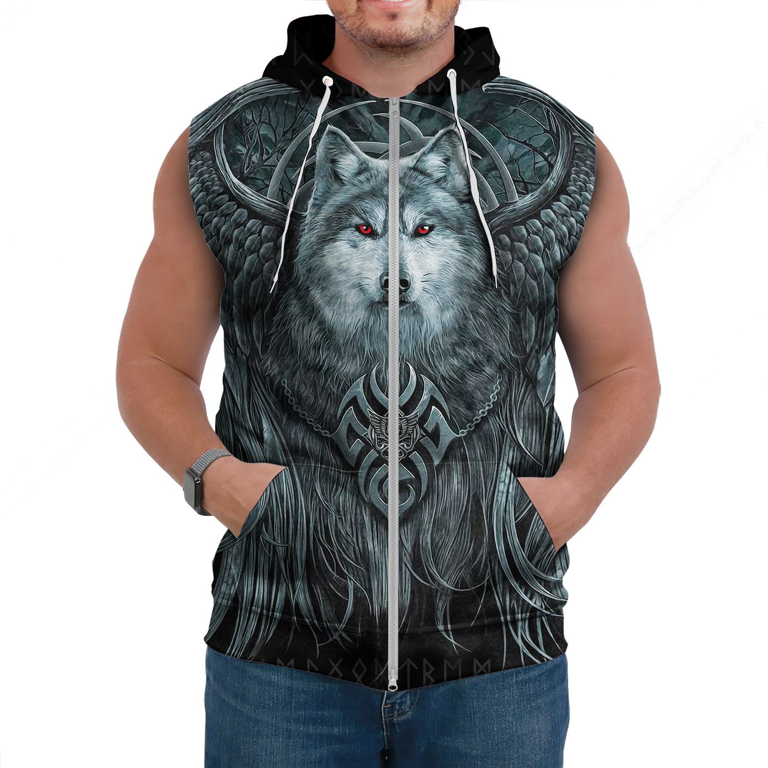 Viking Sleeveless Hoodie Spiral Wolf Spirit